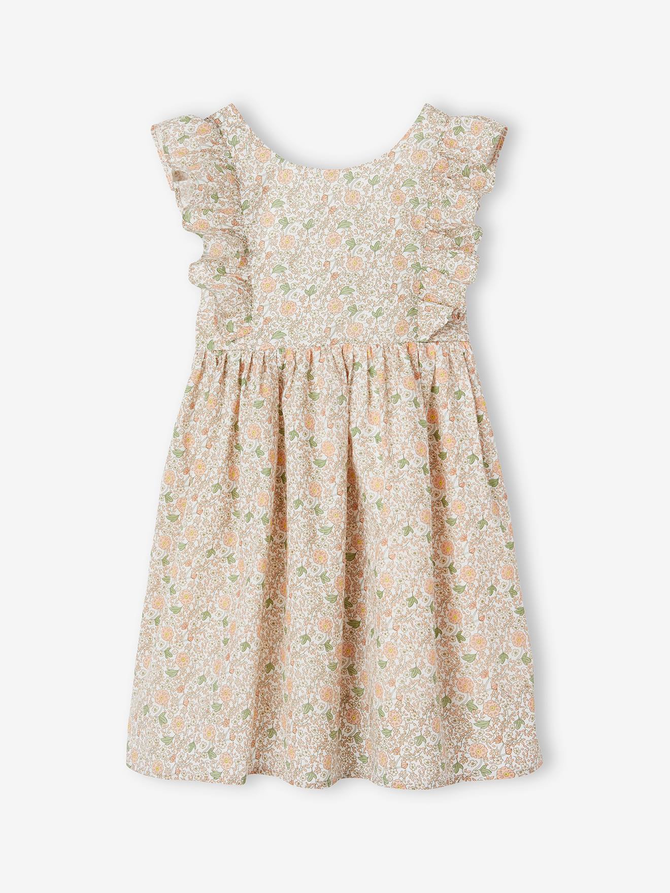 Robe cérémonie à volants motifs fleurs fille vanille