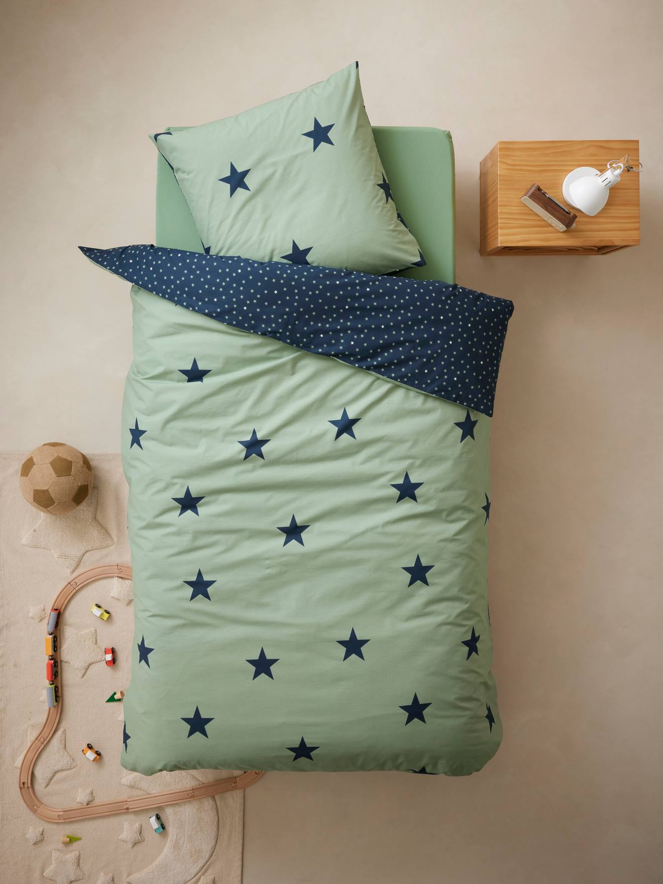 Parure housse de couette + taie d'oreiller essentiels enfant DREAM BIG kaki / étoiles marine