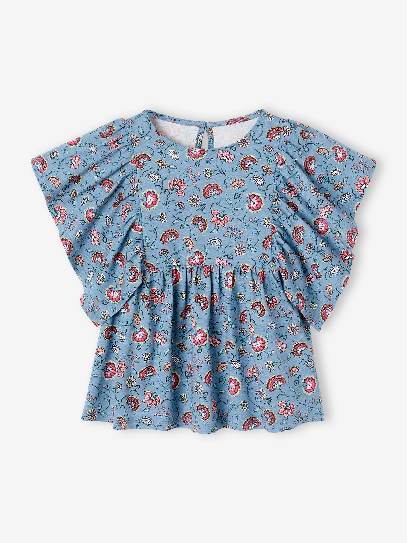 Tee-shirt blouse motifs fleurs fille bleu pétrole