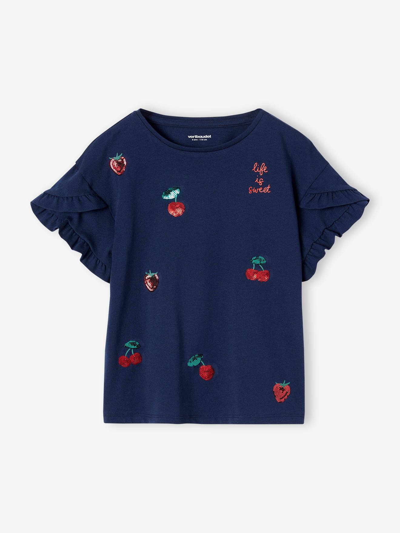 Tee-shirt rayé avec coeur en sequins fille marine