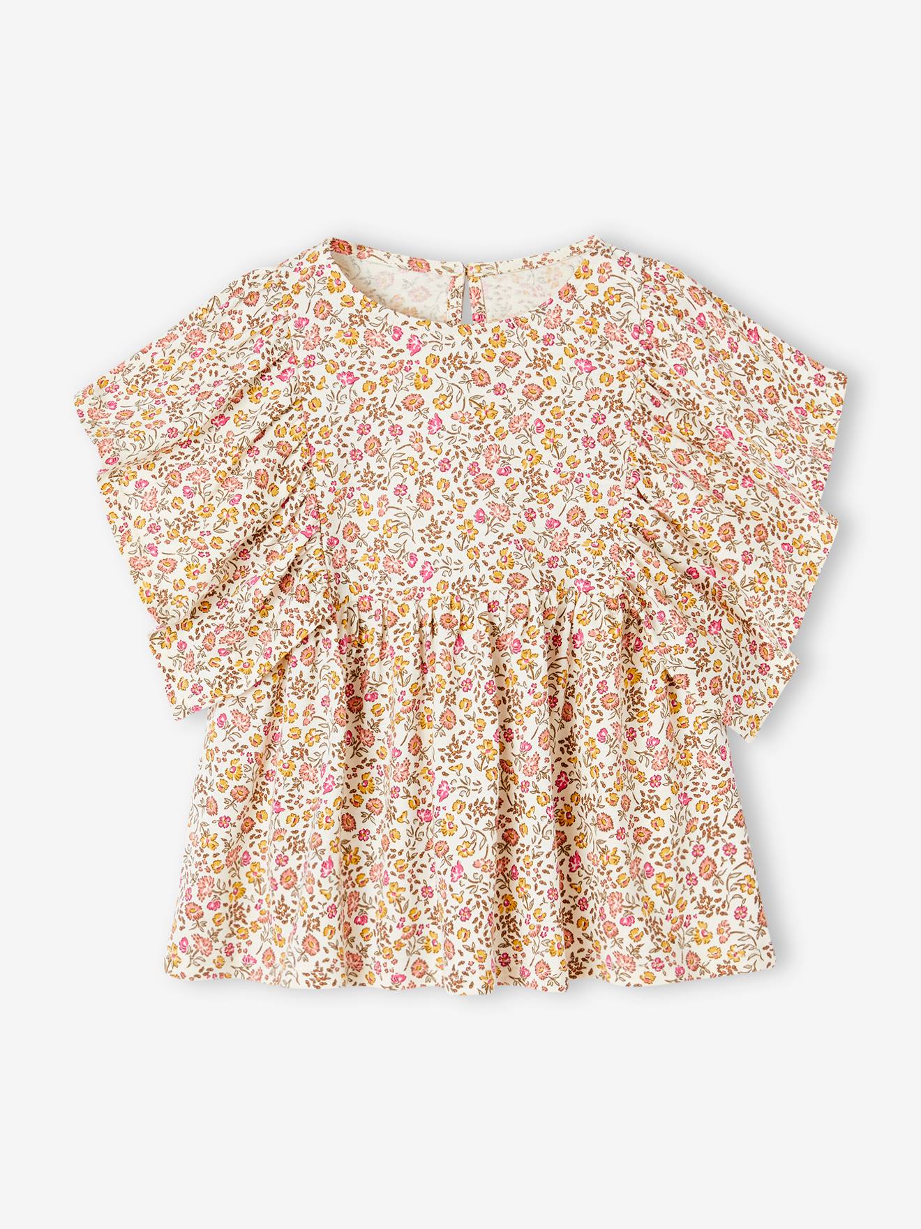 Tee-shirt blouse motifs fleurs fille vanille
