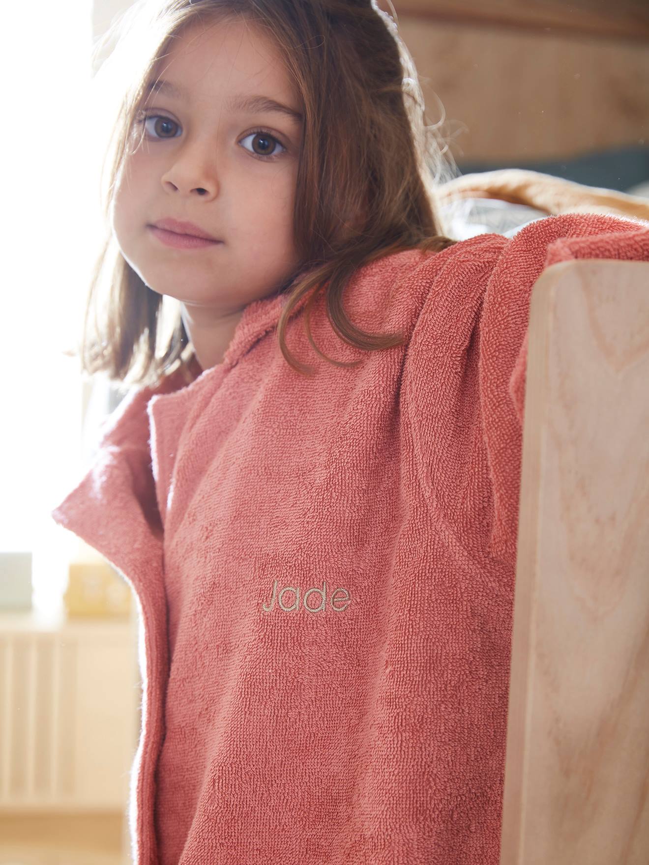 Peignoir Oversize enfant uni avec coton recyclé, personnalisable bois de rose