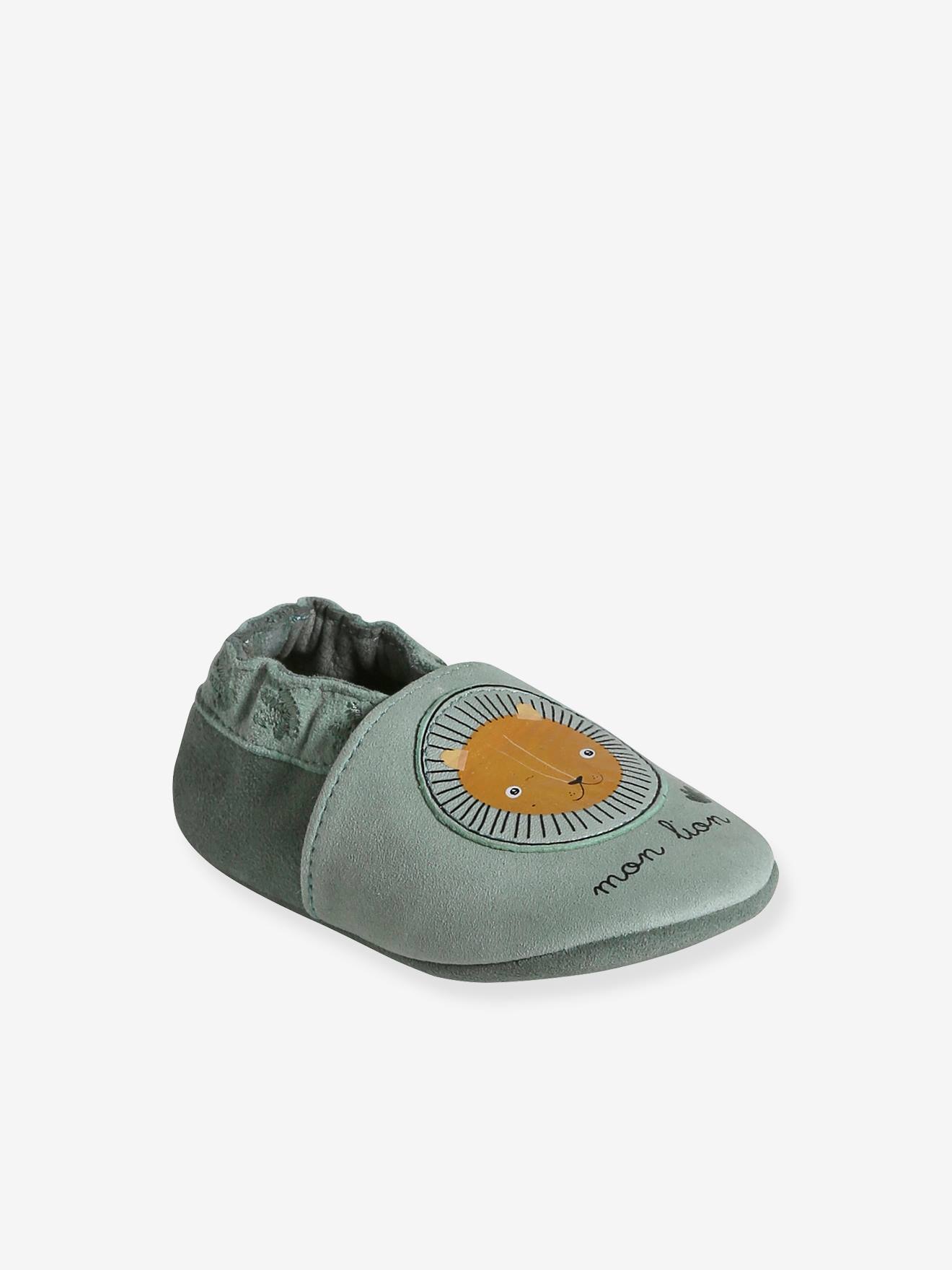 Chaussons élastiqués en cuir souple bébé vert sauge
