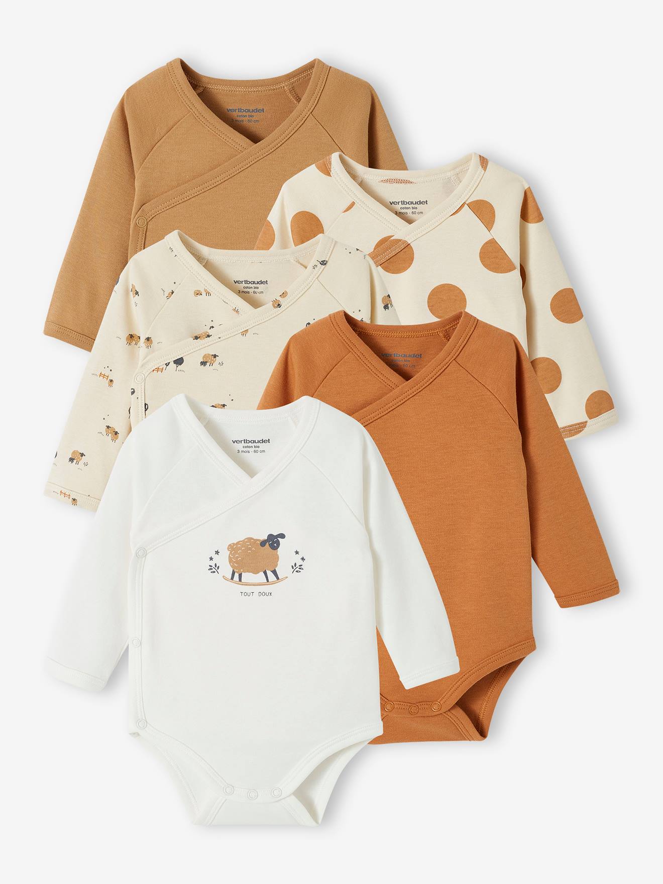 Lot de 5 bodies ouverture naissance bébé en coton biologique taupe