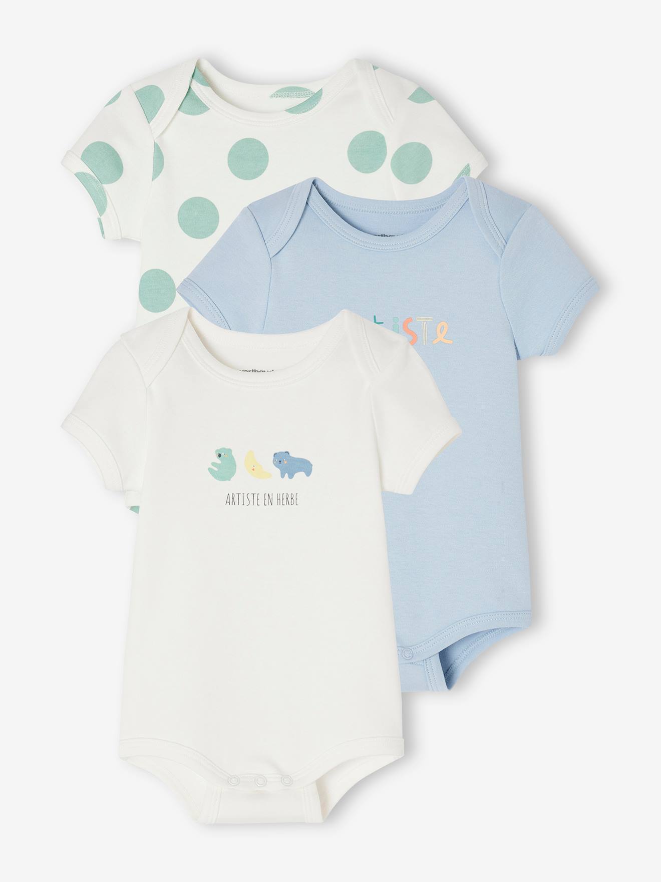 Lot de 3 bodies évolutifs bébé en coton biologique bleu ciel