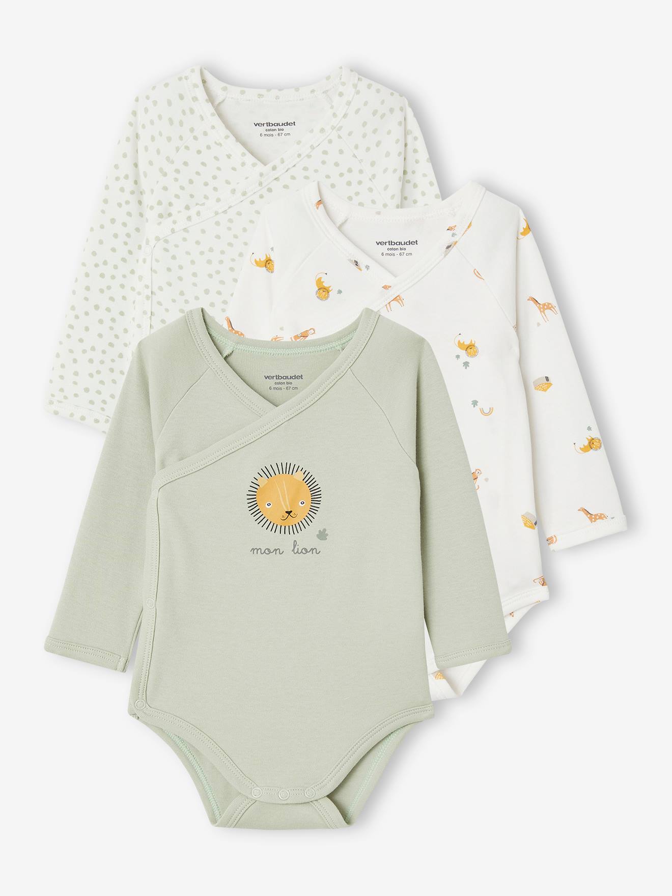 Lot de 3 bodies assortis lion bébé spécial naissance en coton biologique vert d'eau
