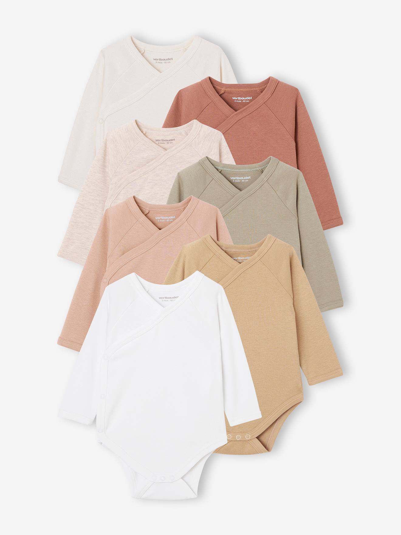 Lot de 7 bodies en coton Bio manches longues ouverture naissance BASICS multicolore