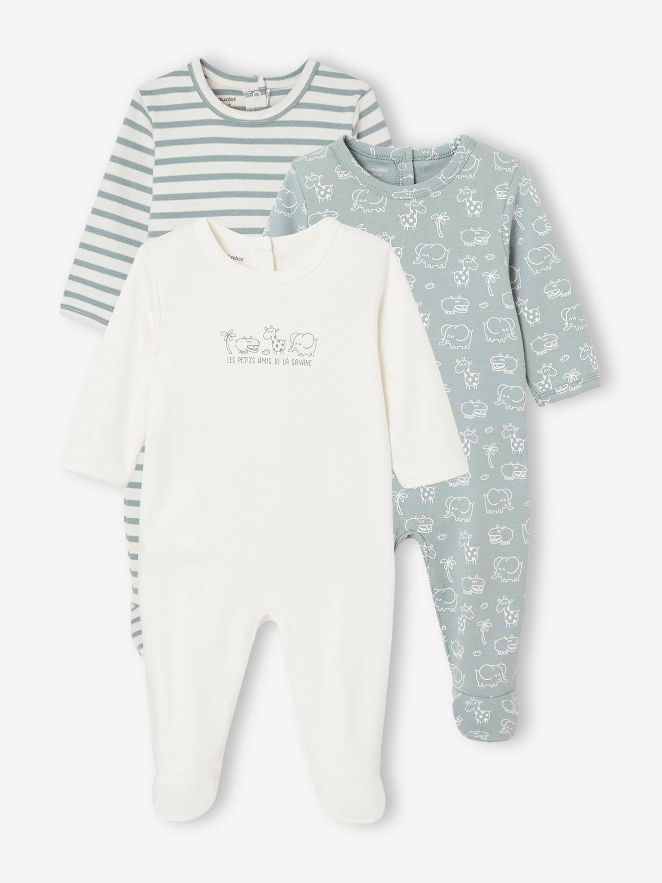 Lot de 3 pyjamas bébé mixtes en interlock BASICS bleu grisé