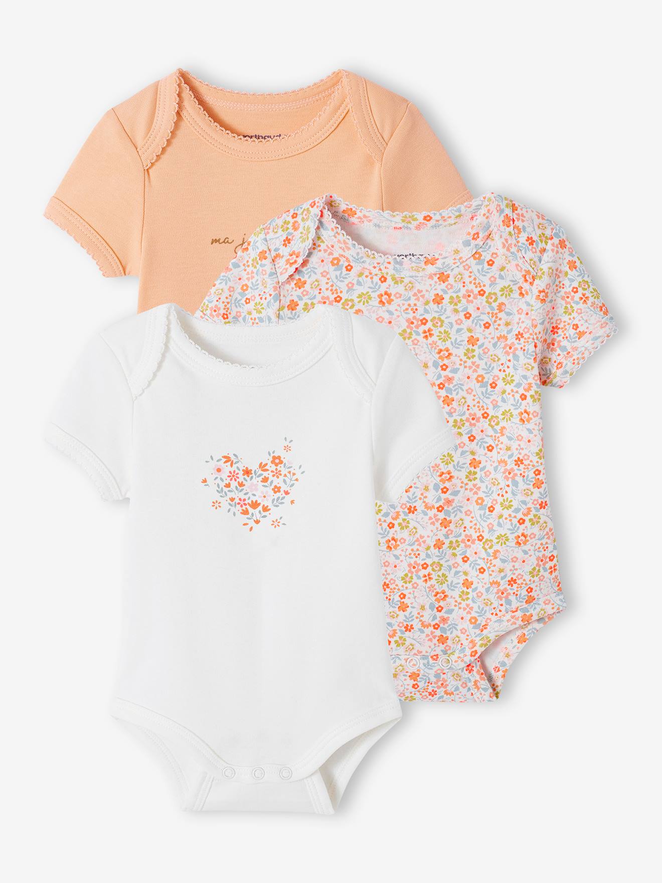 Lot de 3 bodies évolutifs bébé en coton biologique abricot poudré