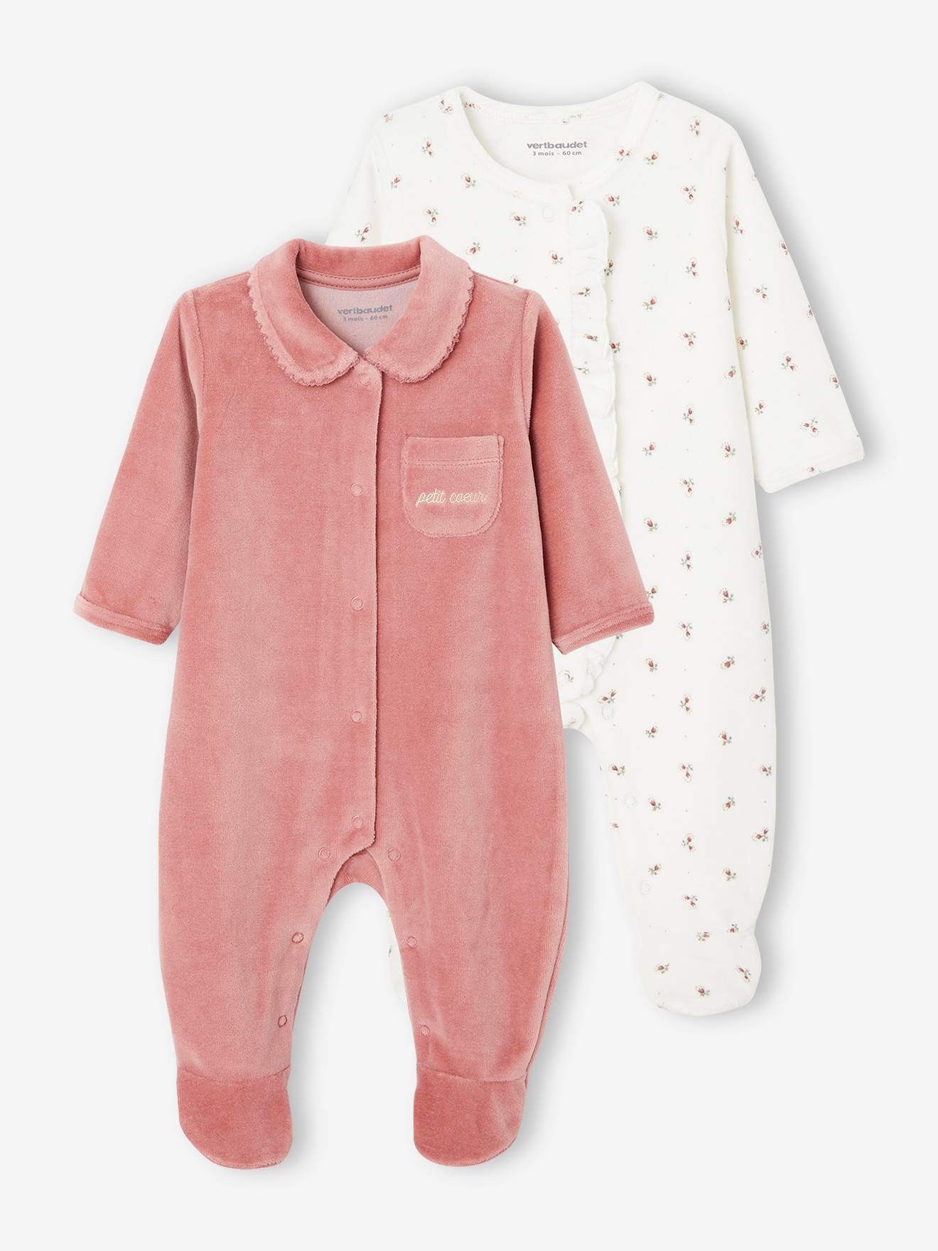 Lot de 2 pyjamas bébé fille en velours vieux rose