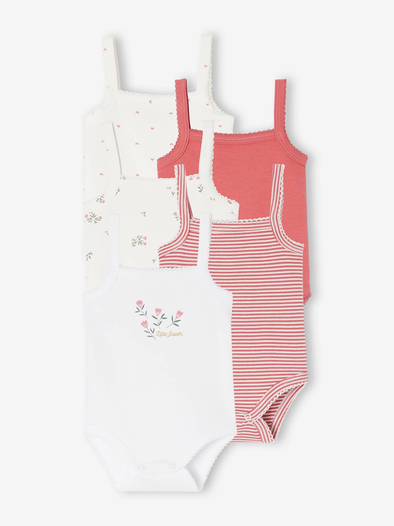 Lot de 5 bodies à bretelles naissance en coton biologique vieux rose