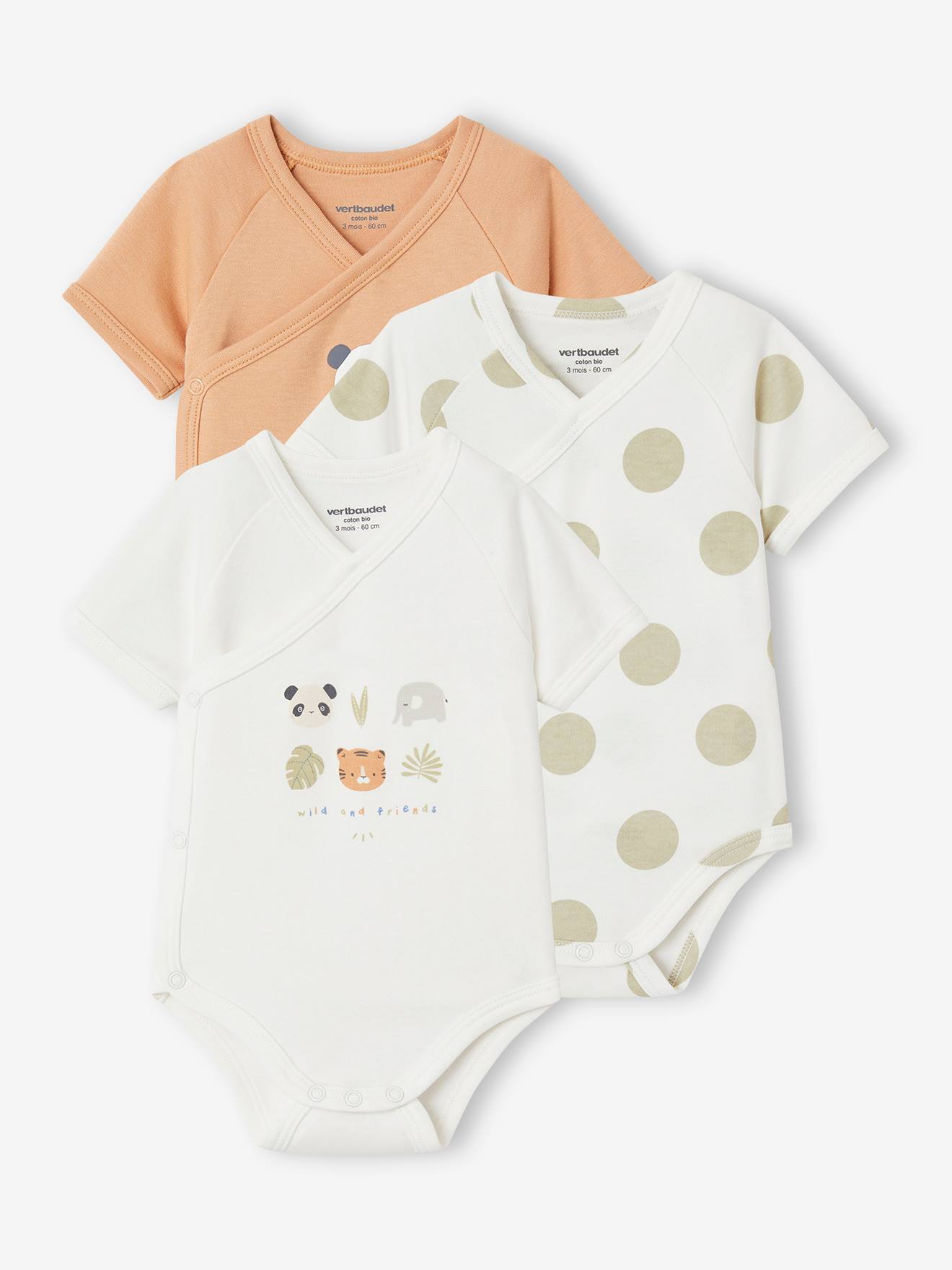 Lot de 3 bodies ouverture naissance bébé en coton biologique pêche