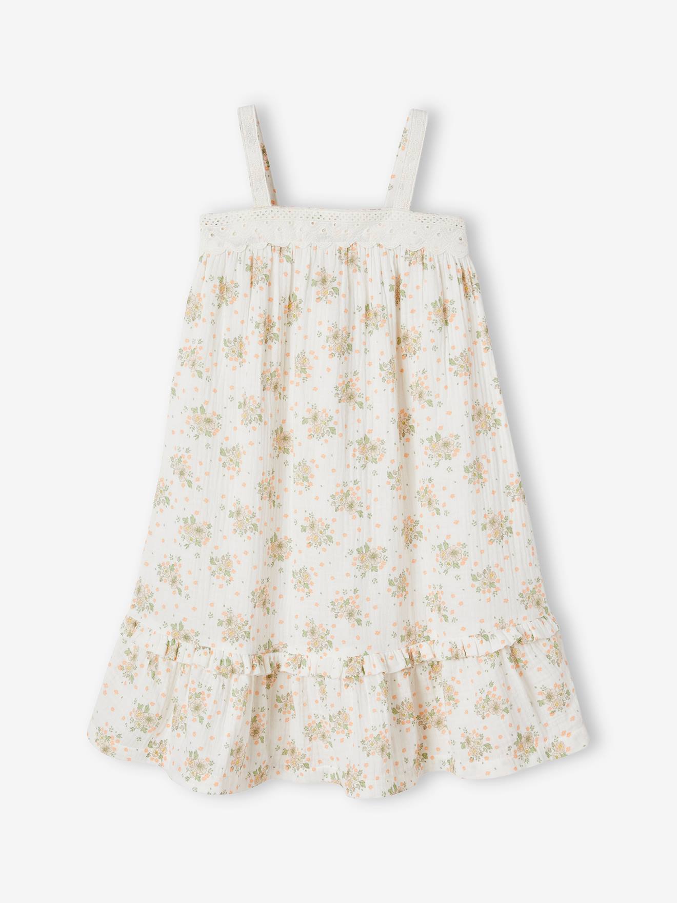Robe à bretelles cérémonie détail en broderie anglaise fille détail en gaze de coton rose imprimé