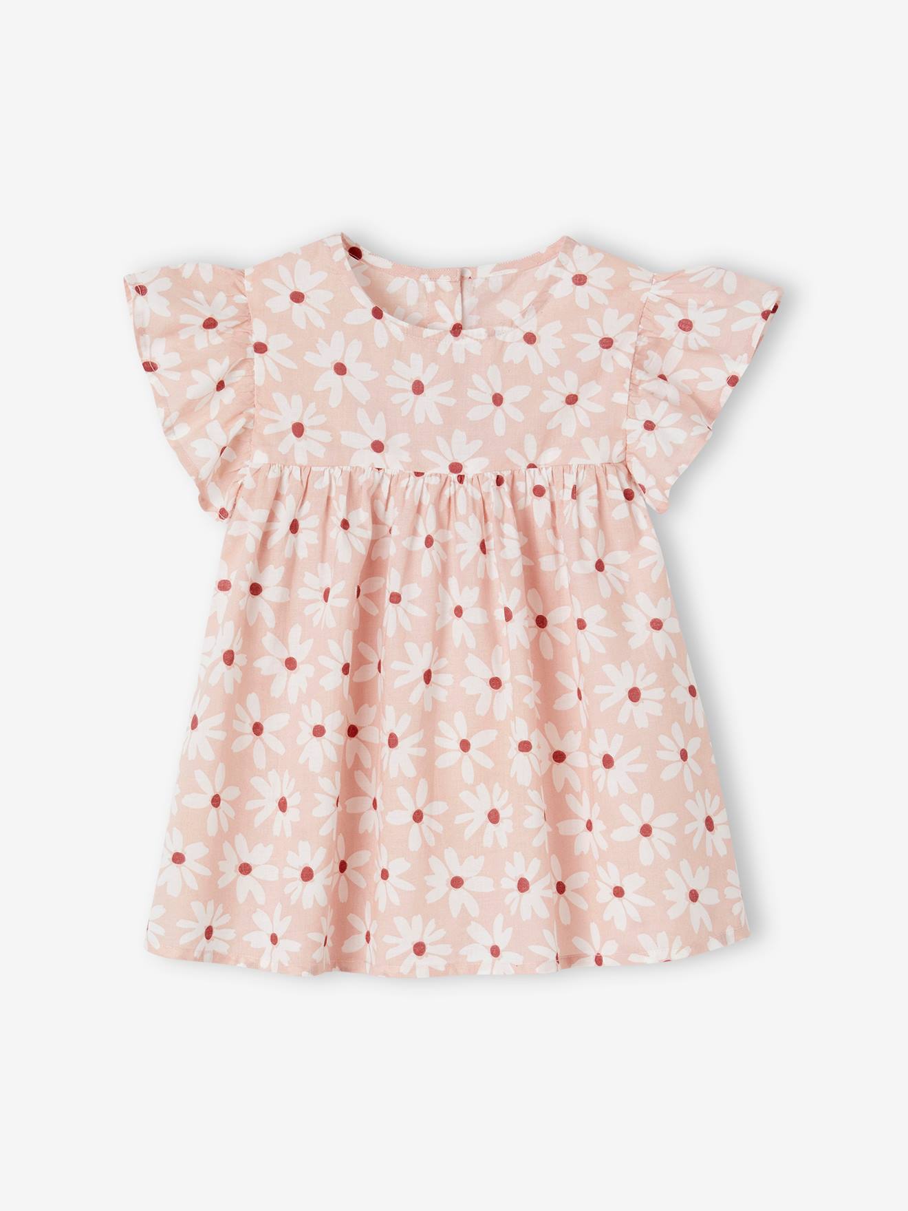 Blouse motifs fleurs fille manches courtes à volants rose pâle
