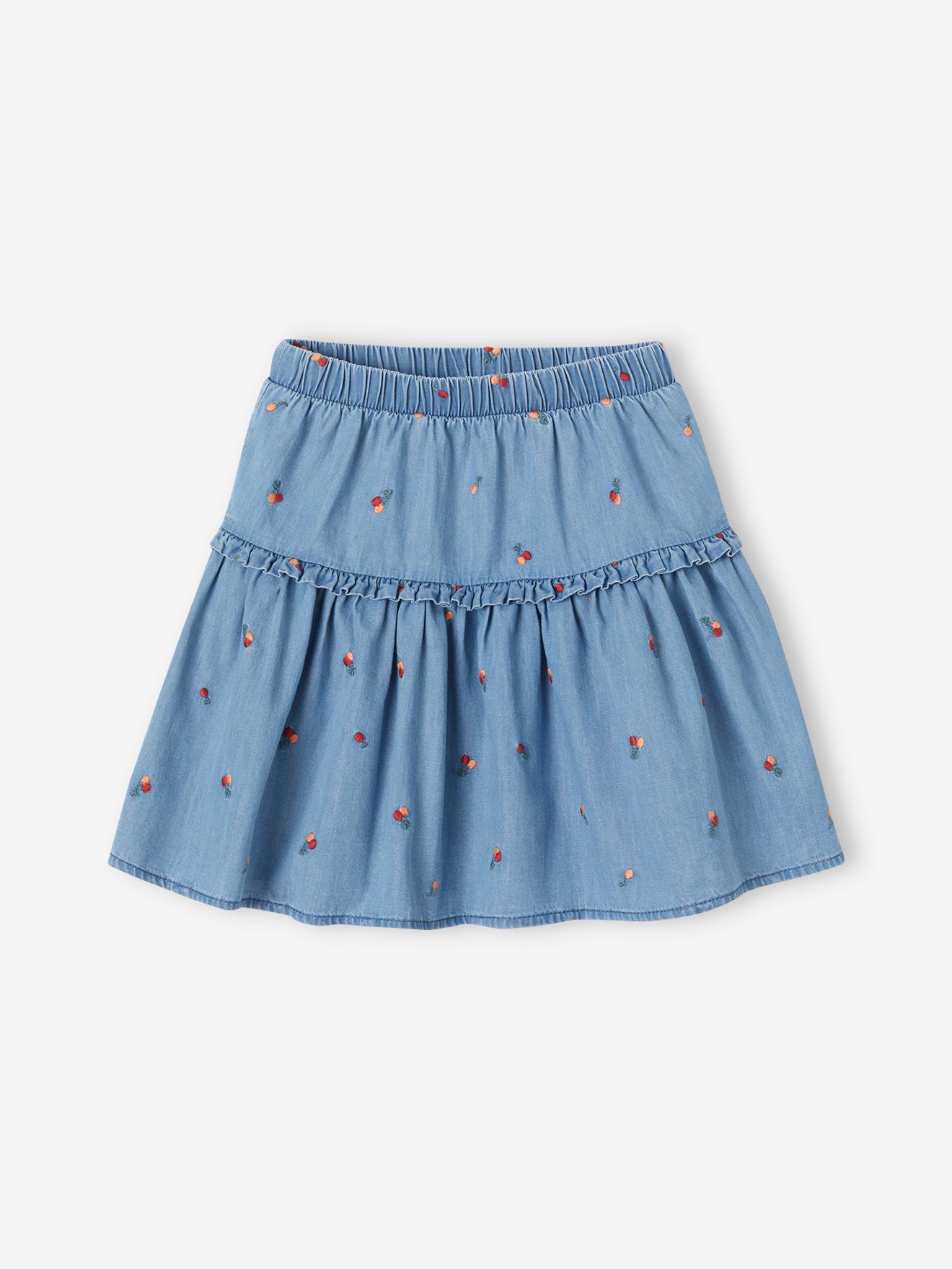 Jupe brodée cerises en denim léger fille stone