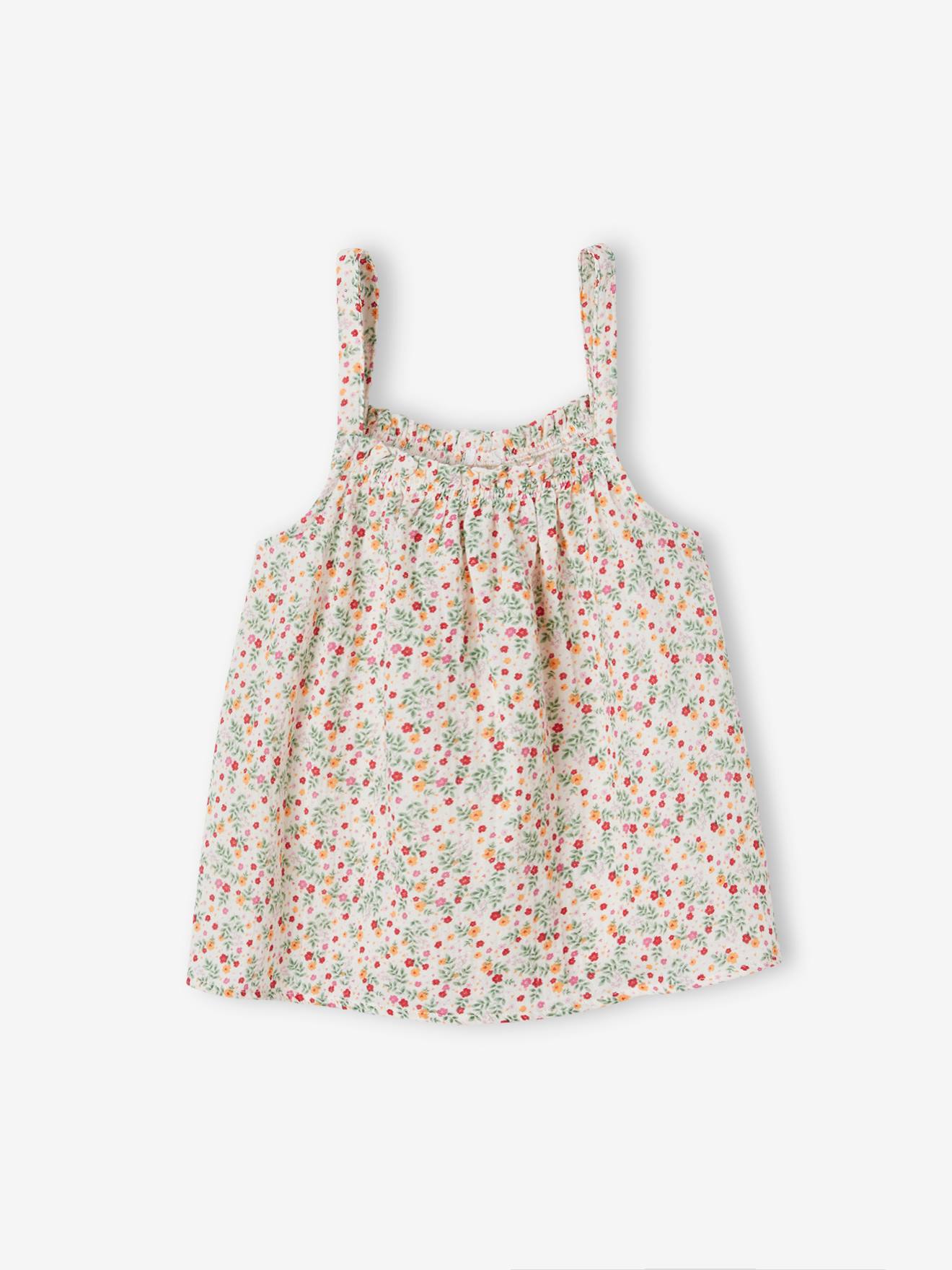 Vertbaudet - Blouse à bretelles en gaze de coton fille blanc imprimé