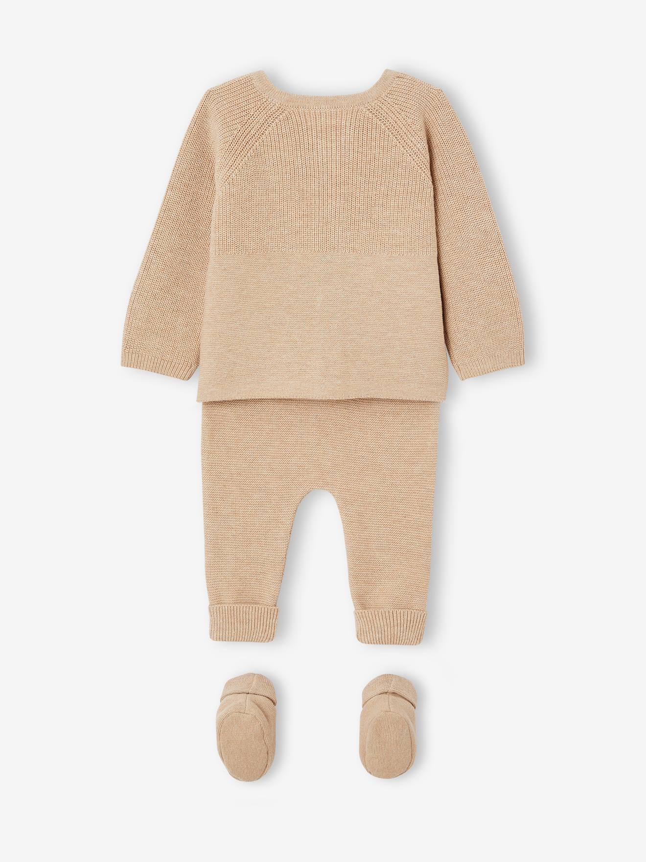 Kit naissance 3 pièces cardigan pantalon chaussons en tricot beige chiné (Vertbaudet) - Image 3