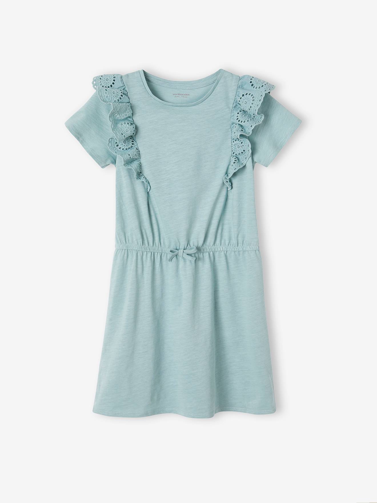 Vertbaudet - Robe avec volants en broderie anglaise fille vert de gris