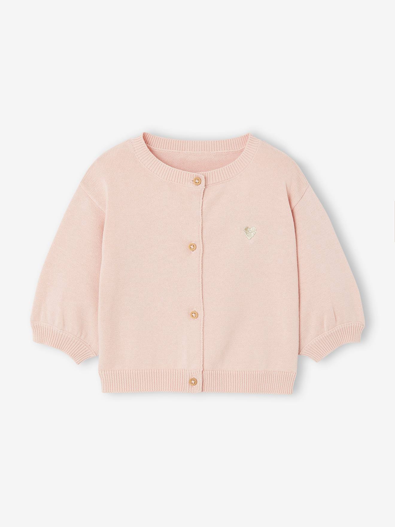 Cardigan basics en tricot bébé broderie coeur rose poudré