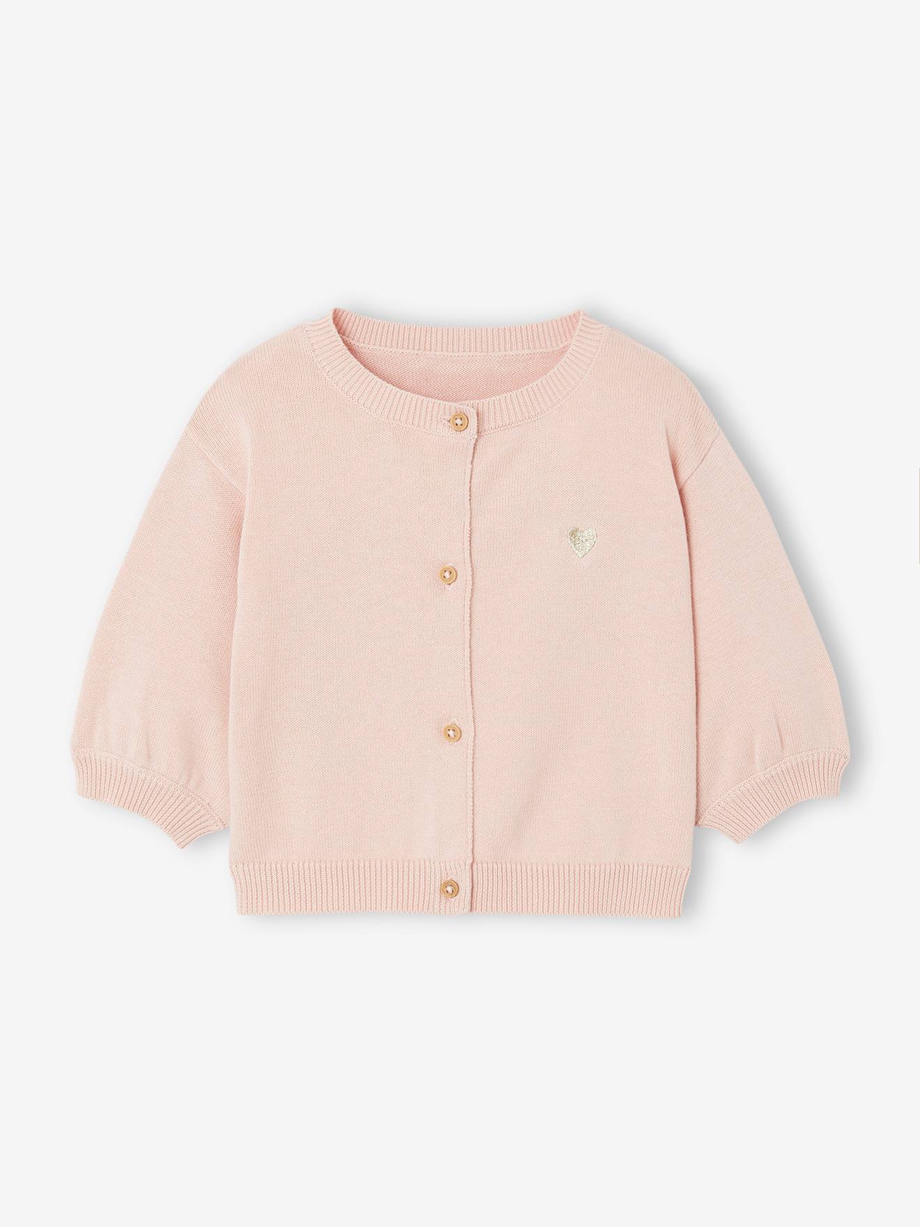 cardigan basics en tricot bébé broderie coeur rose poudré