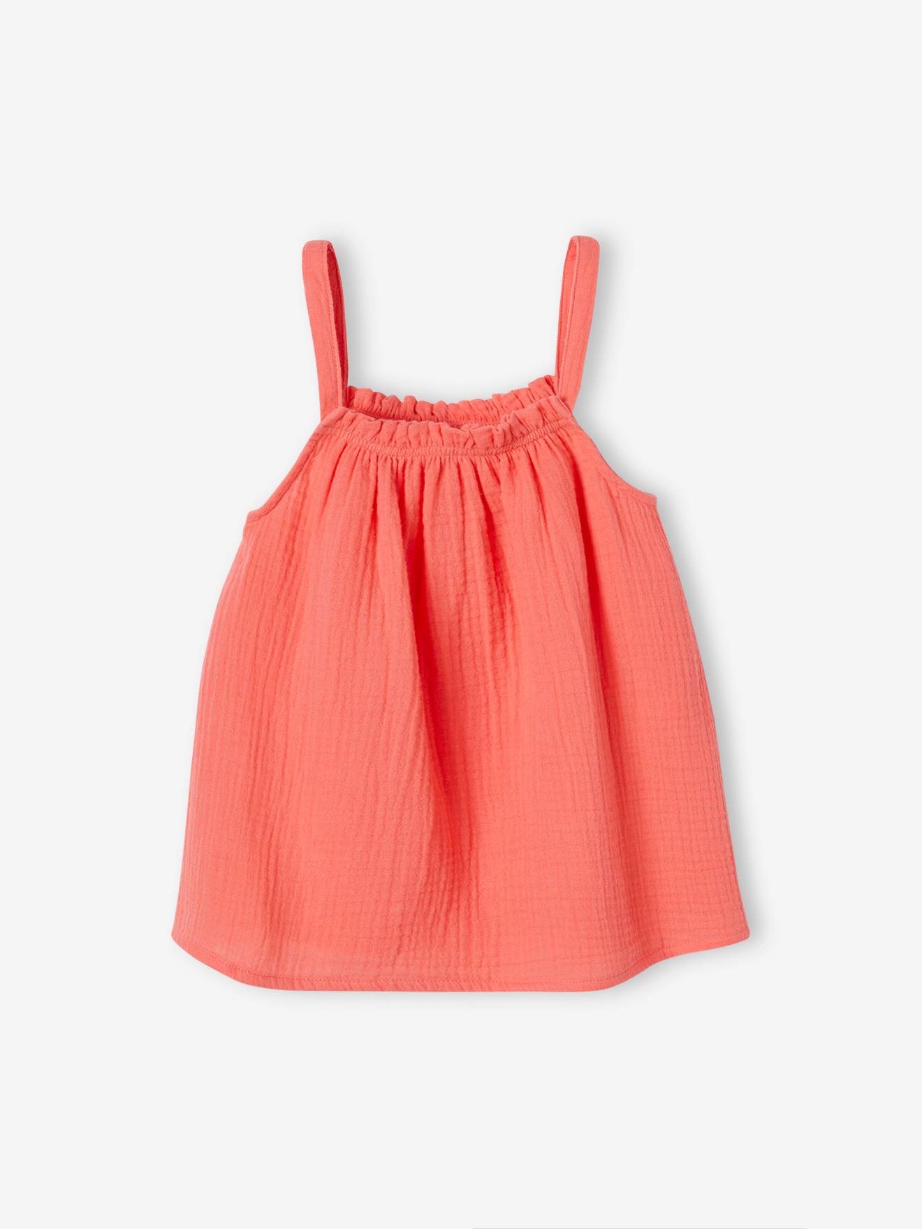Blouse à bretelles en gaze de coton fille corail fluo