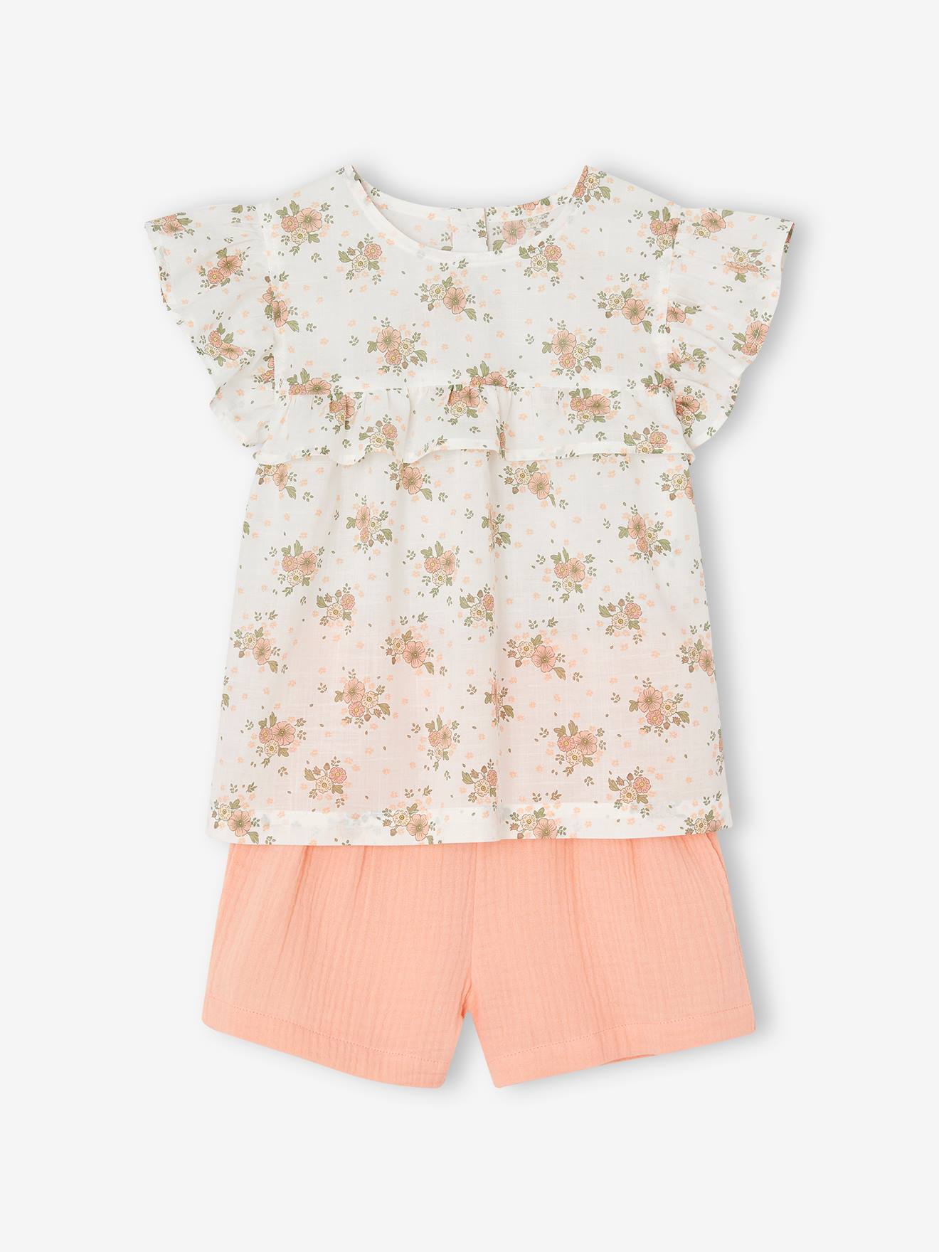 Ensemble de cérémonie fille blouse volantée et short en gaze rose imprimé