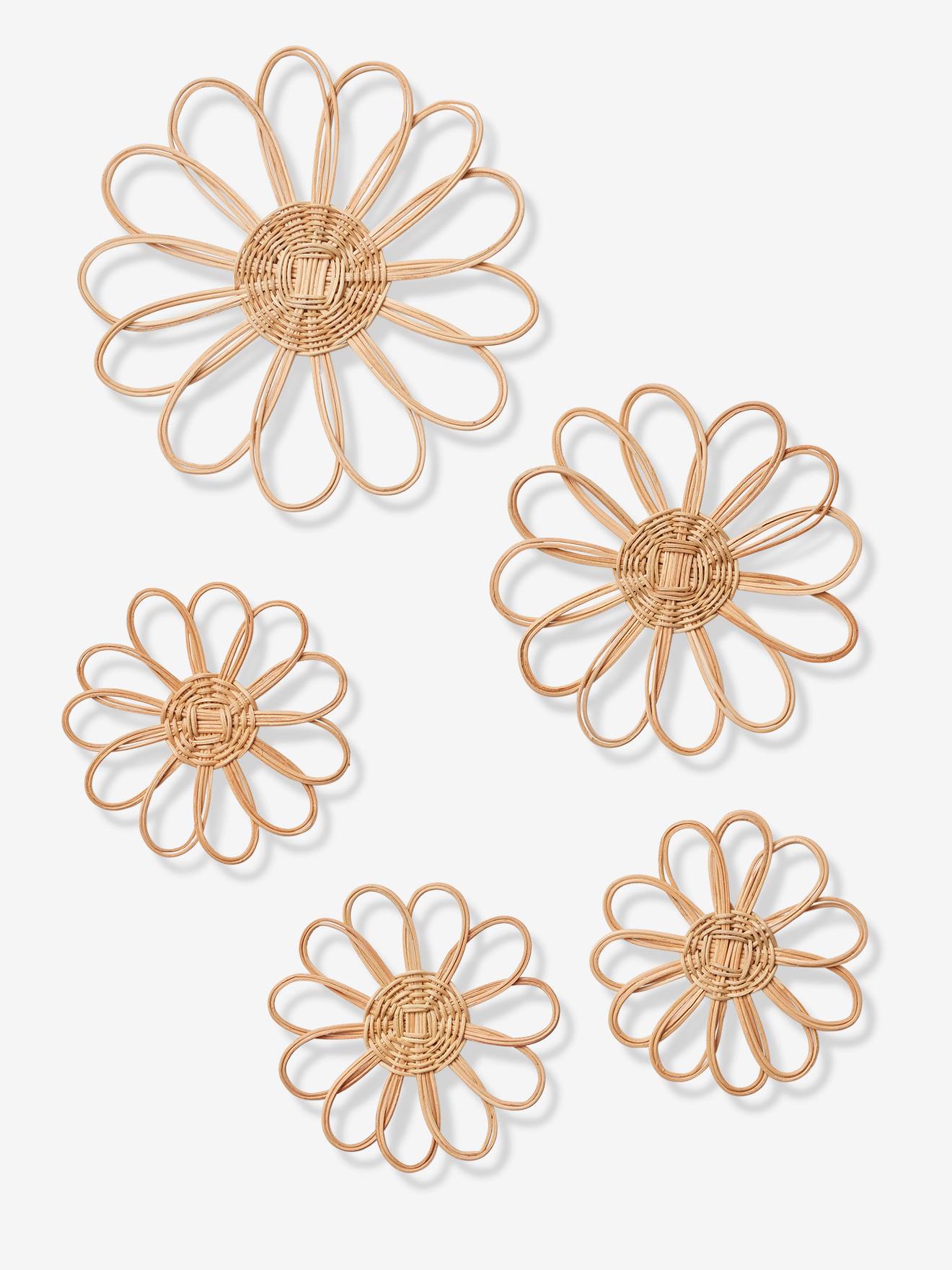 Lot de 5 fleurs murales en rotin