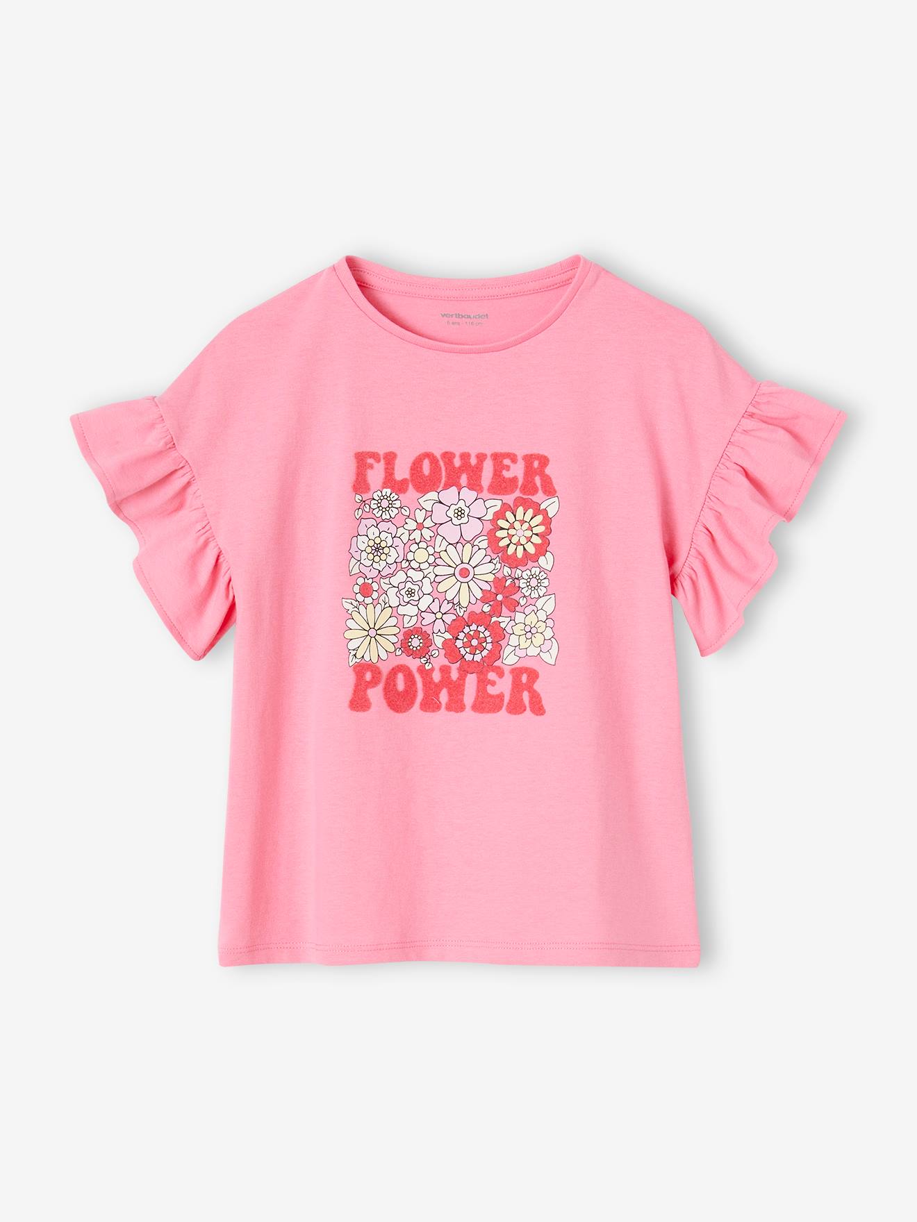 Tee-shirt Flower Power fille manches à volants rose bonbon