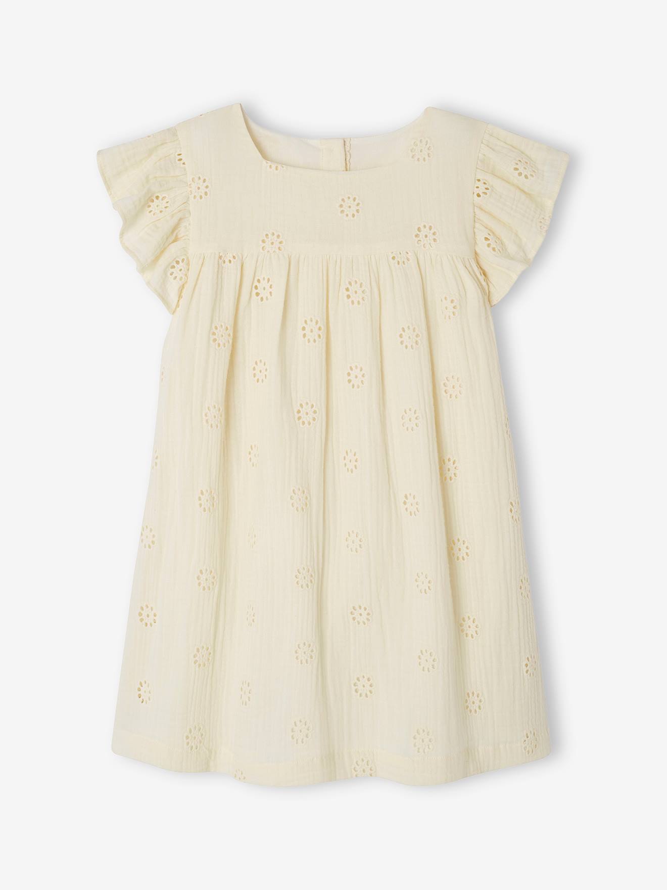Robe cérémonie en broderie anglaise fille gaze de coton vanille