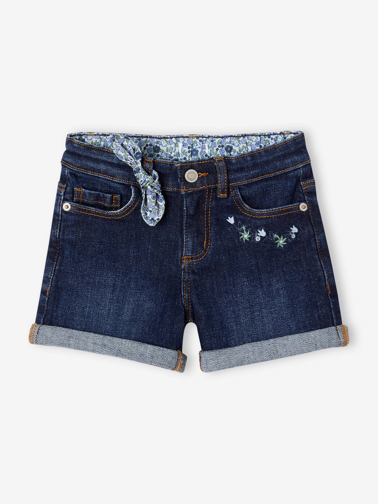 Short en jean brodé fleurs fille noeud imprimé fleurs denim brut