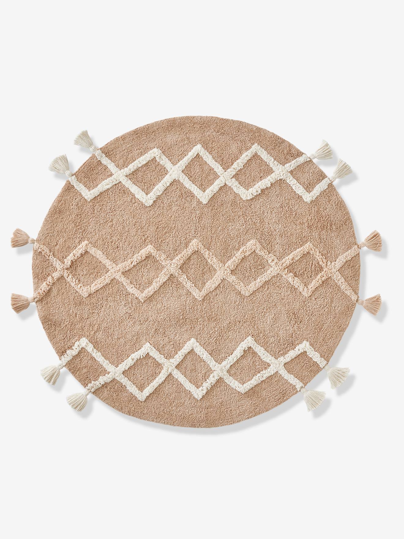 Tapis rond berbère à pompons beige