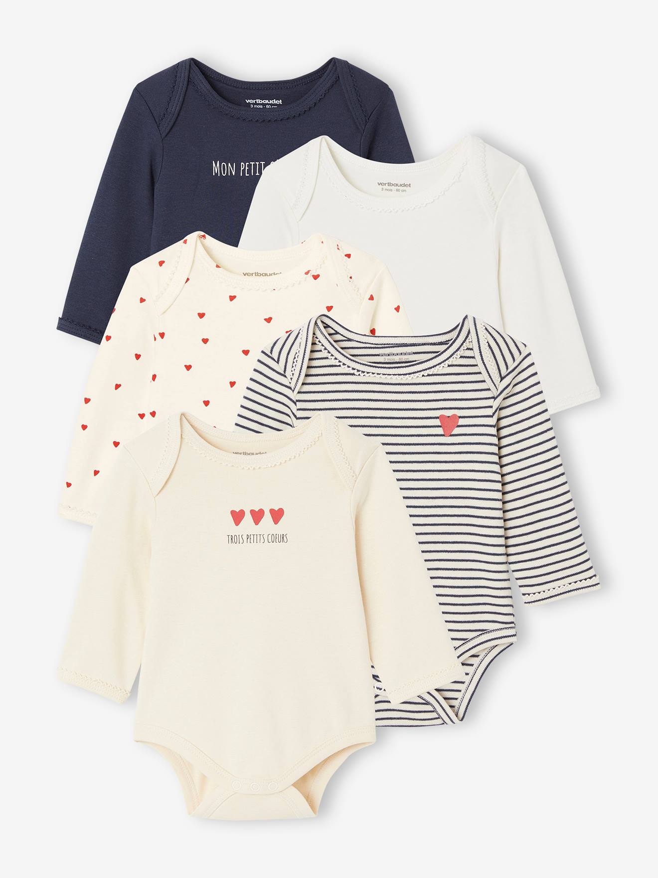 Lot de 5 bodies manches longues bébé emmanchure US en coton Bio bleu nuit