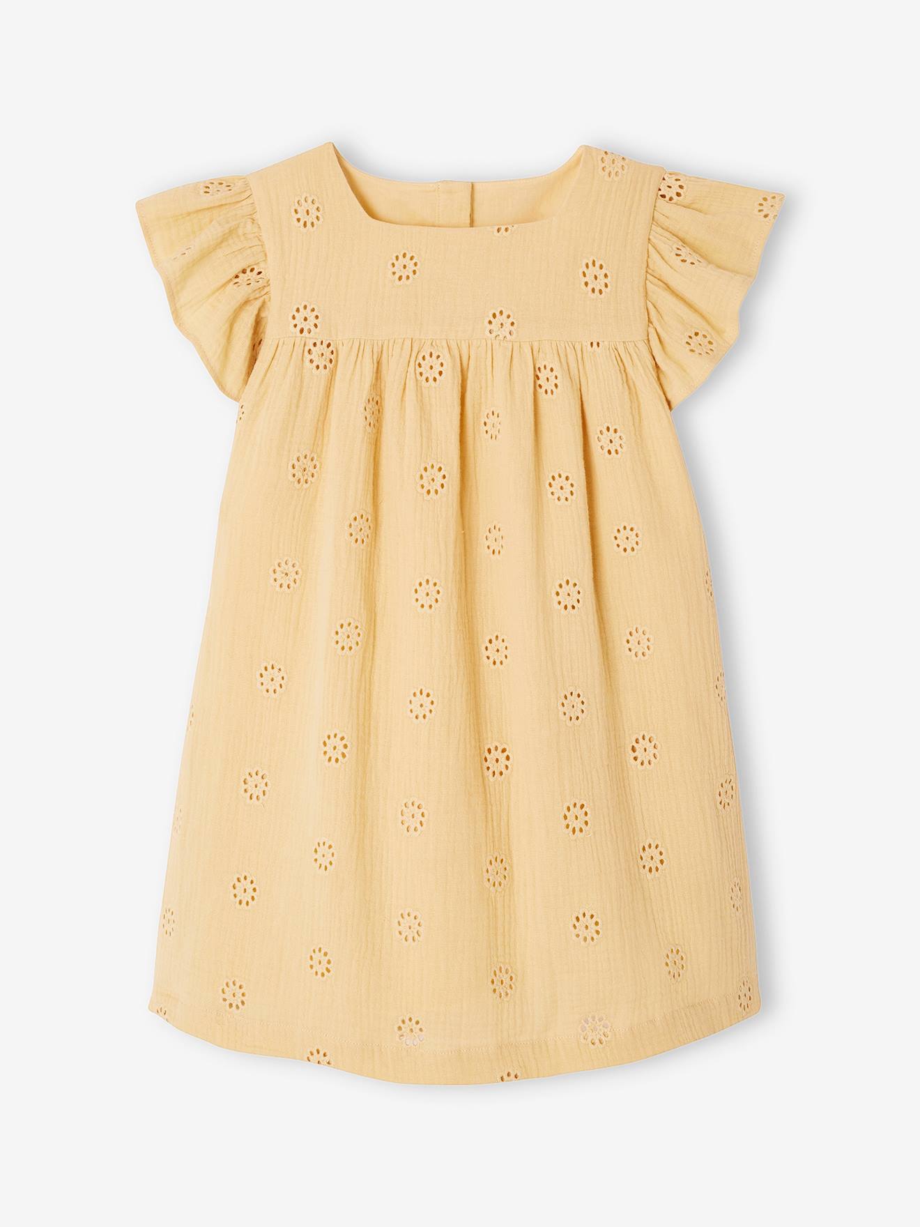 Robe cérémonie en broderie anglaise fille gaze de coton jaune pastel