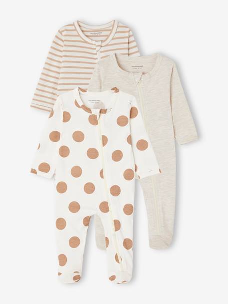 Vertbaudet - Lot de 3 pyjamas bébé en jersey ouverture zippée BASICS cappuccino