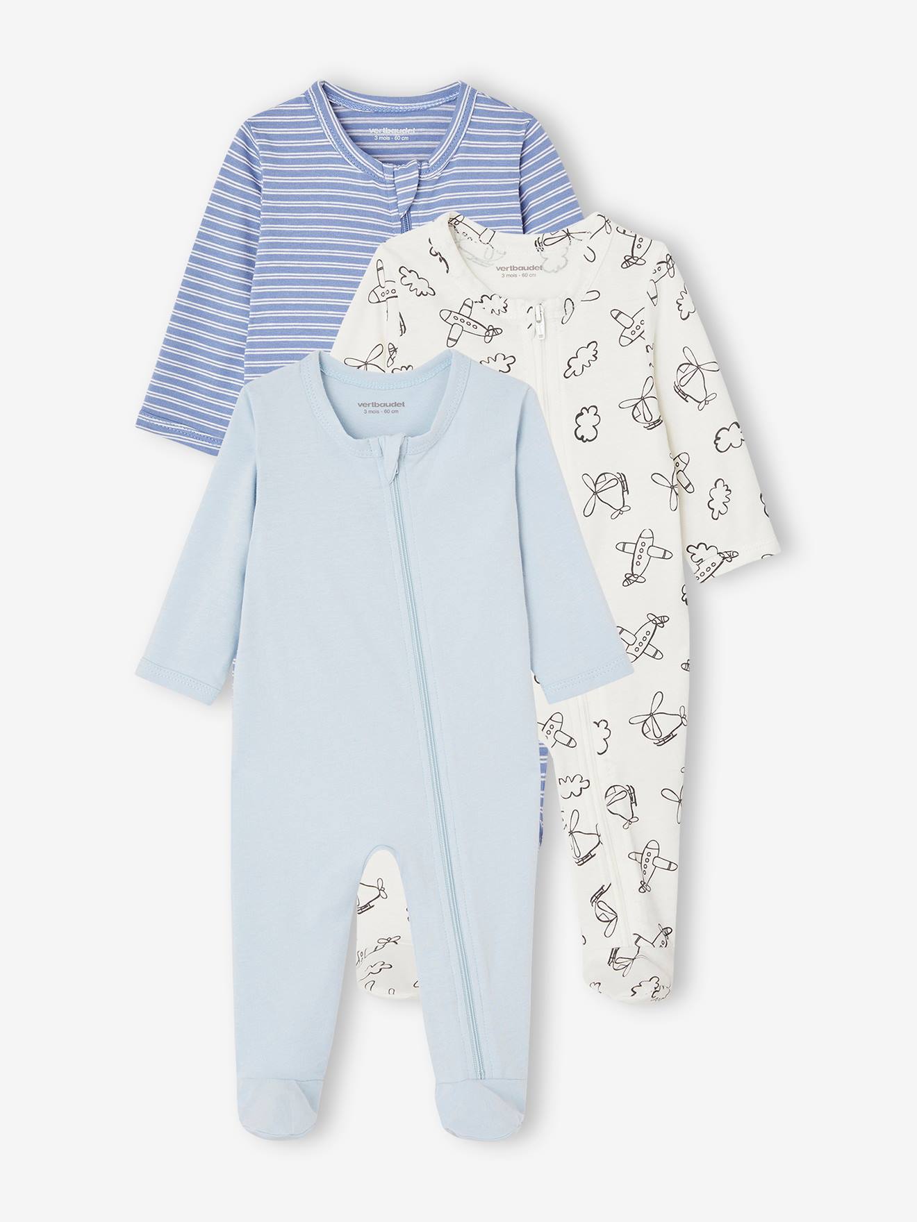 Lot de 3 pyjamas bébé en jersey ouverture zippée BASICS bleu chambray - Vertbaudet