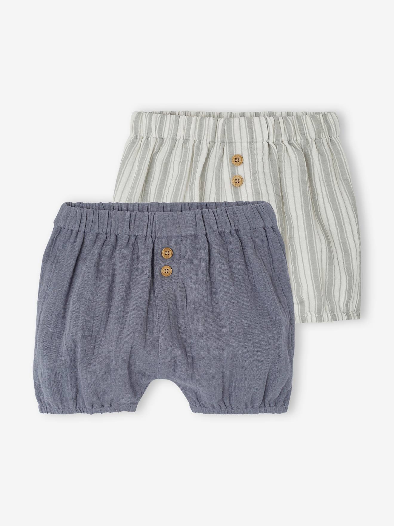 Lot de 2 bloomers naissance en gaze de coton bleu grisé