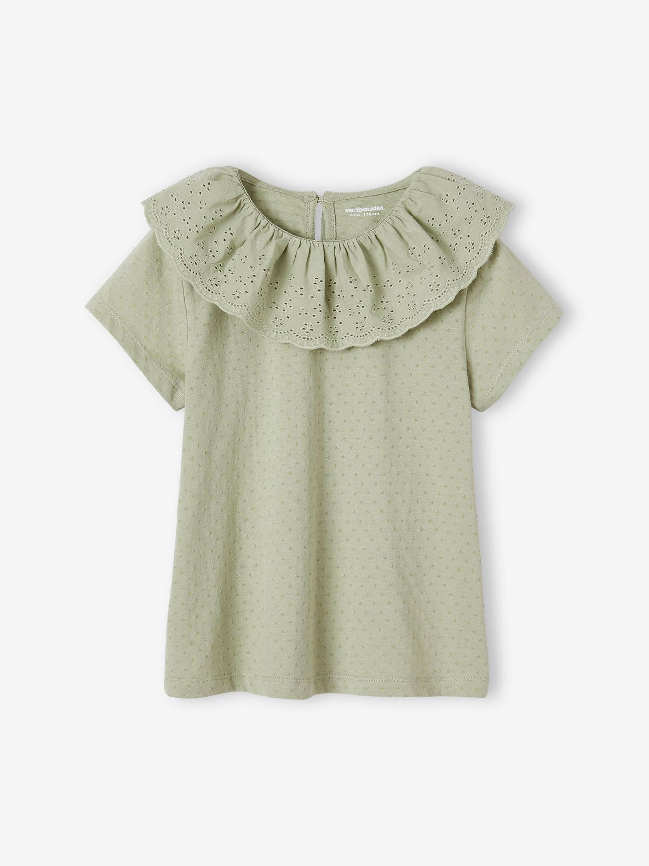 T-shirt à collerette en broderie anglaise fille vert sauge