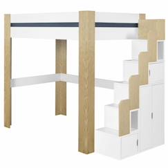 -Pack lit mezzanine avec escalier, bureau et matelas Alex Blanc et bois 90x190 cm