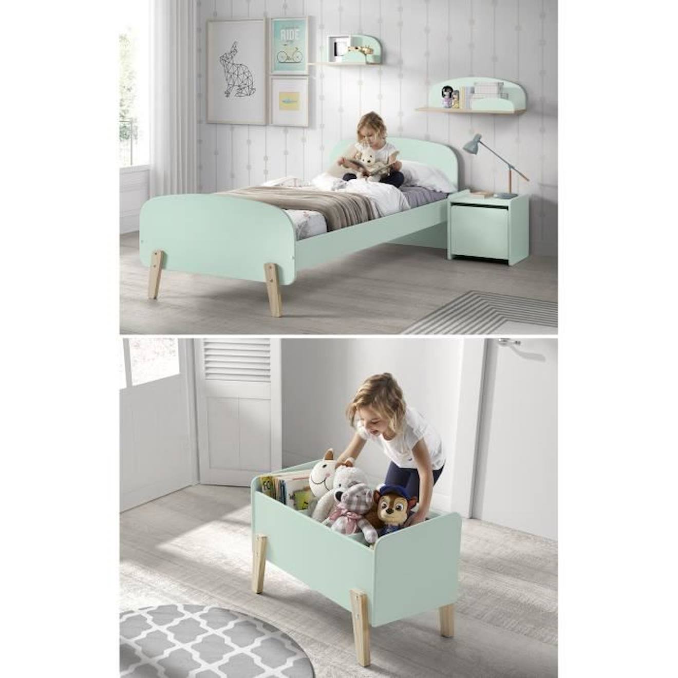Kiddy Chambre Enfant Complète Style Scandinave En Bois Pin Massif Et Mdf Laqué Vert Menthe - L 90 X 