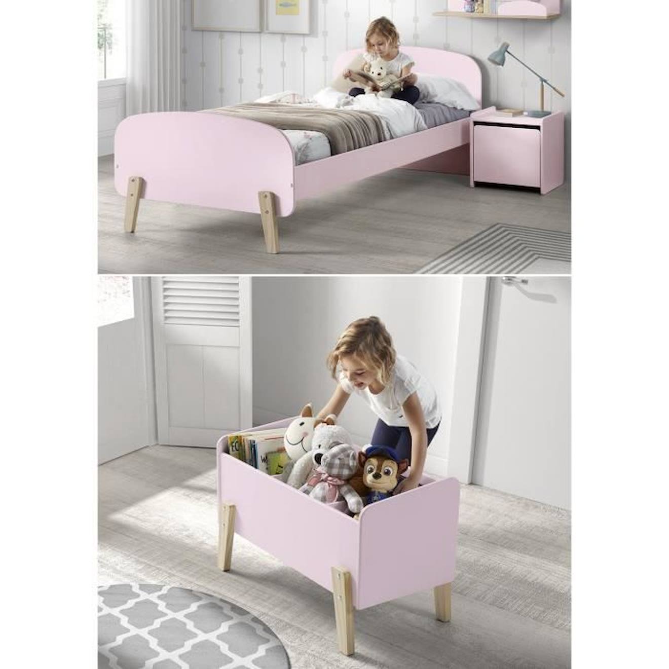 Kiddy Chambre Enfant Complète Style Scandinave En Bois Pin Massif Et Mdf Laqué Vieux Rose - L 90 X L