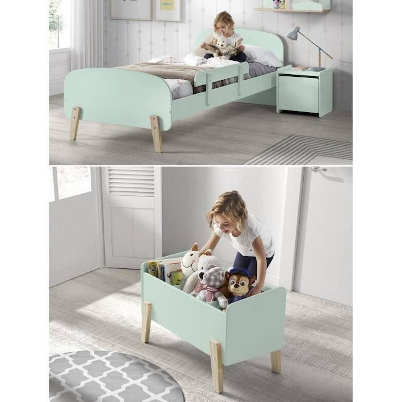 Kiddy Chambre Enfant Complète Style Scandinave En Bois Pin Massif Et Mdf Laqué Vert Menthe - L 90 X 