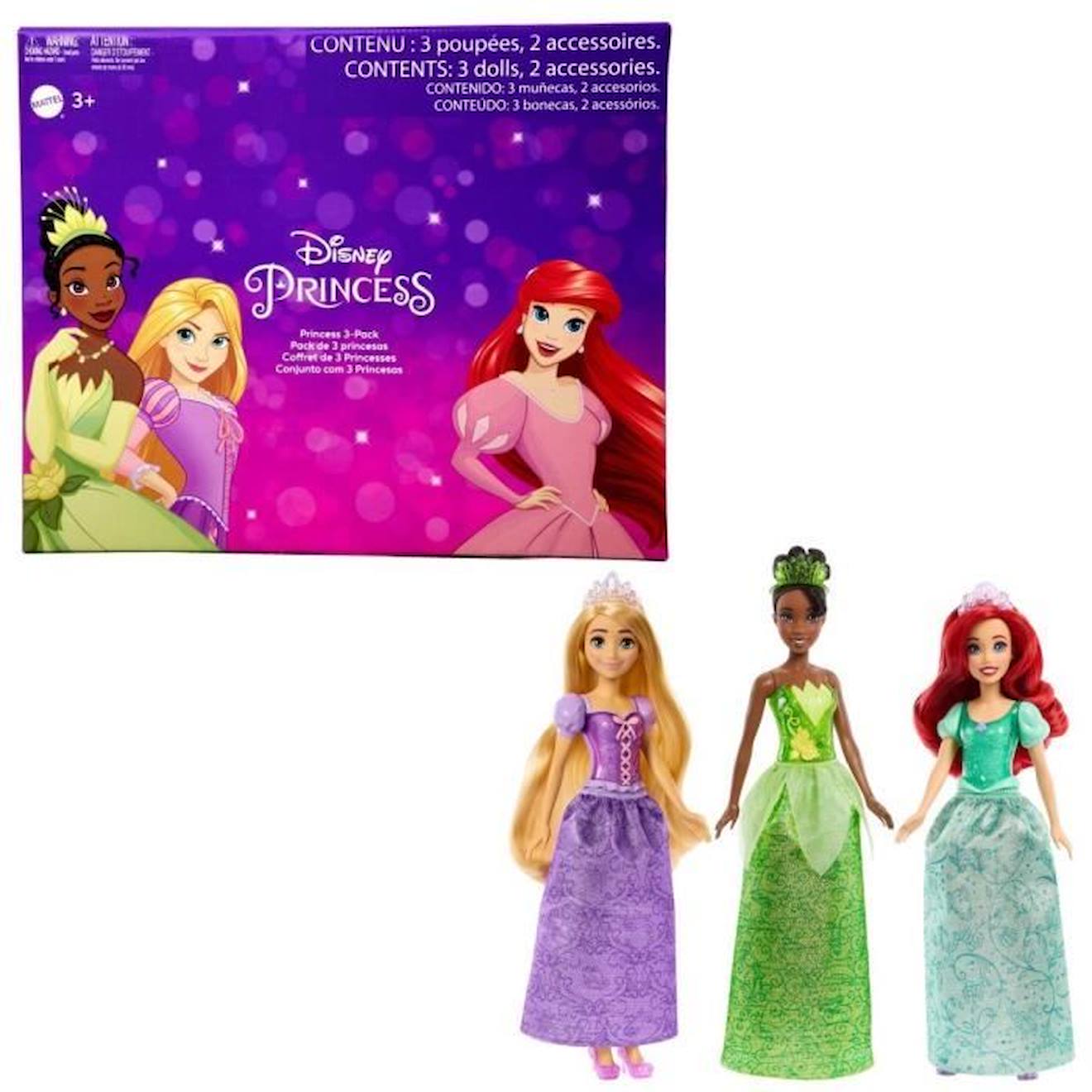 Princesses Disney - Pack De 3 Poupées (ariel, Tiana, Raiponce) Blanc