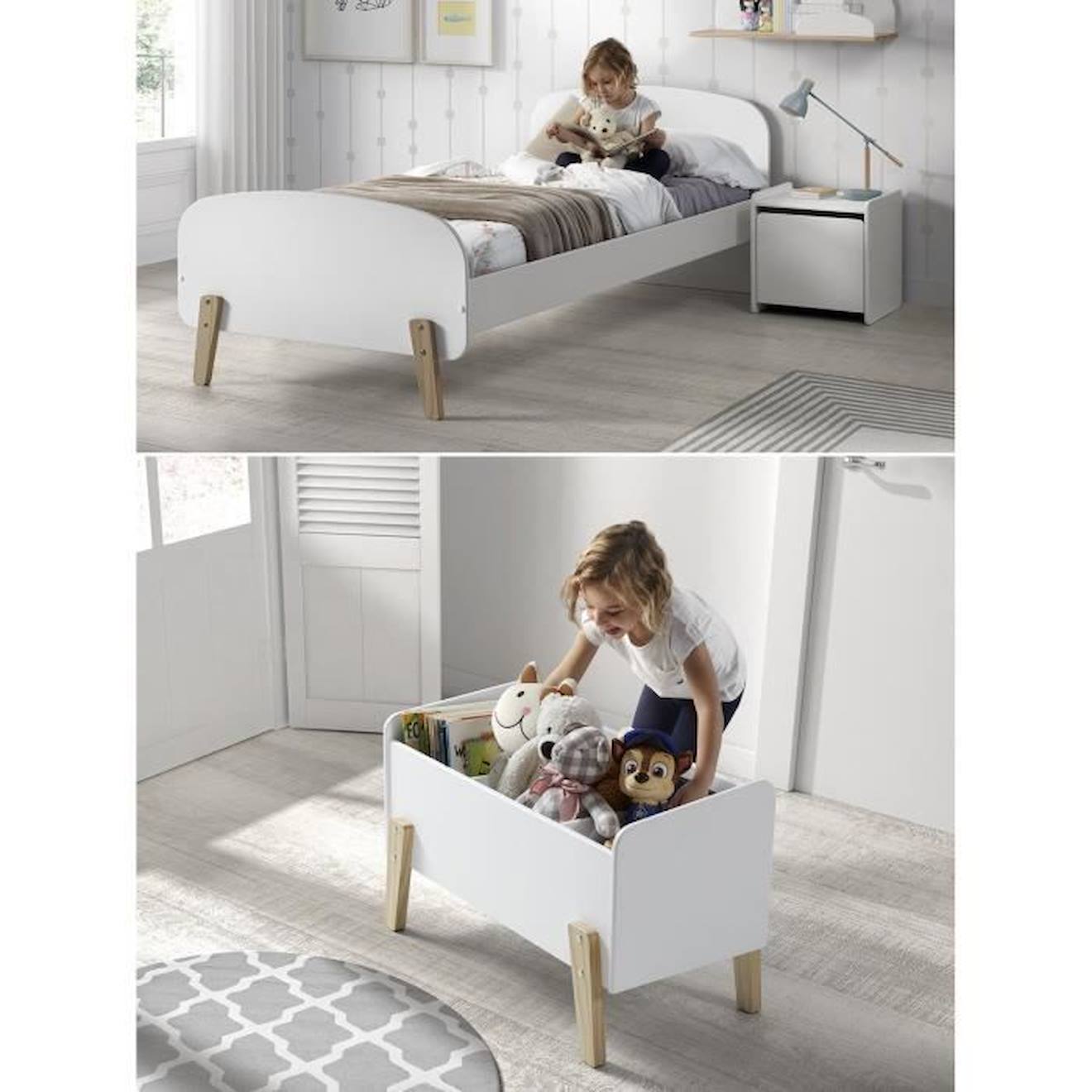 Kiddy Chambre Enfant Complète Style Scandinave En Bois Pin Massif Et Mdf Laqué Blanc - L 90 X L 200 