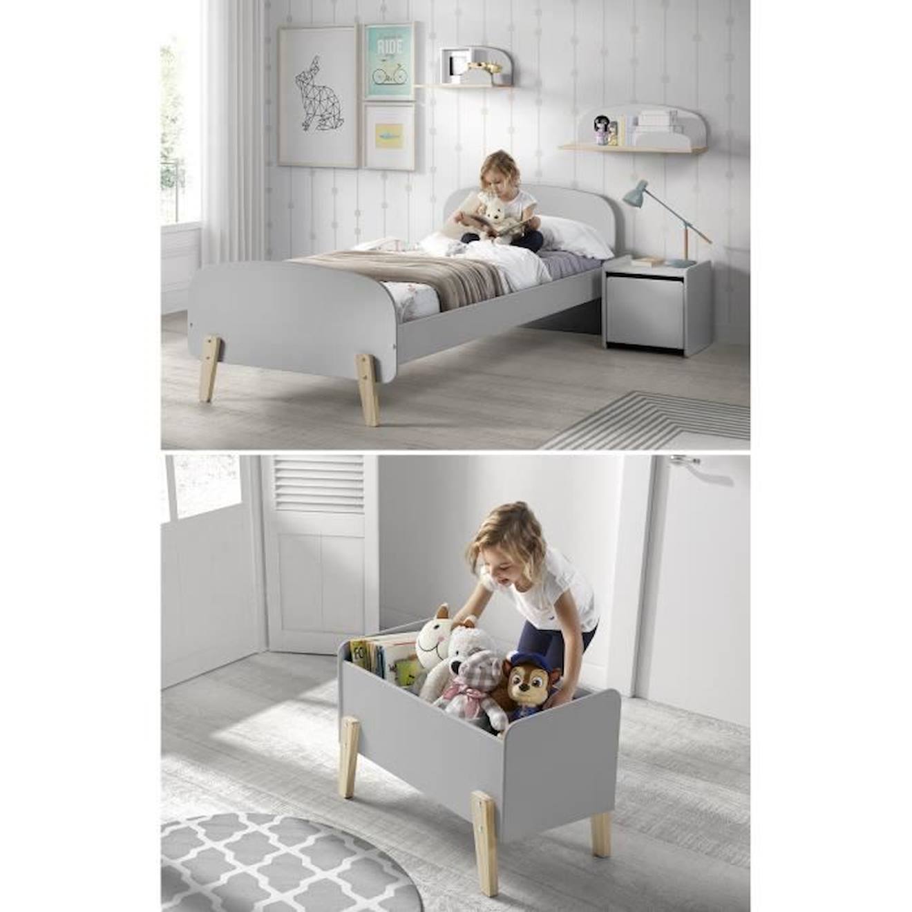 Kiddy Chambre Enfant Complète Style Scandinave En Bois Pin Massif Et Mdf Laqué Gris Cool - L 90 X L 