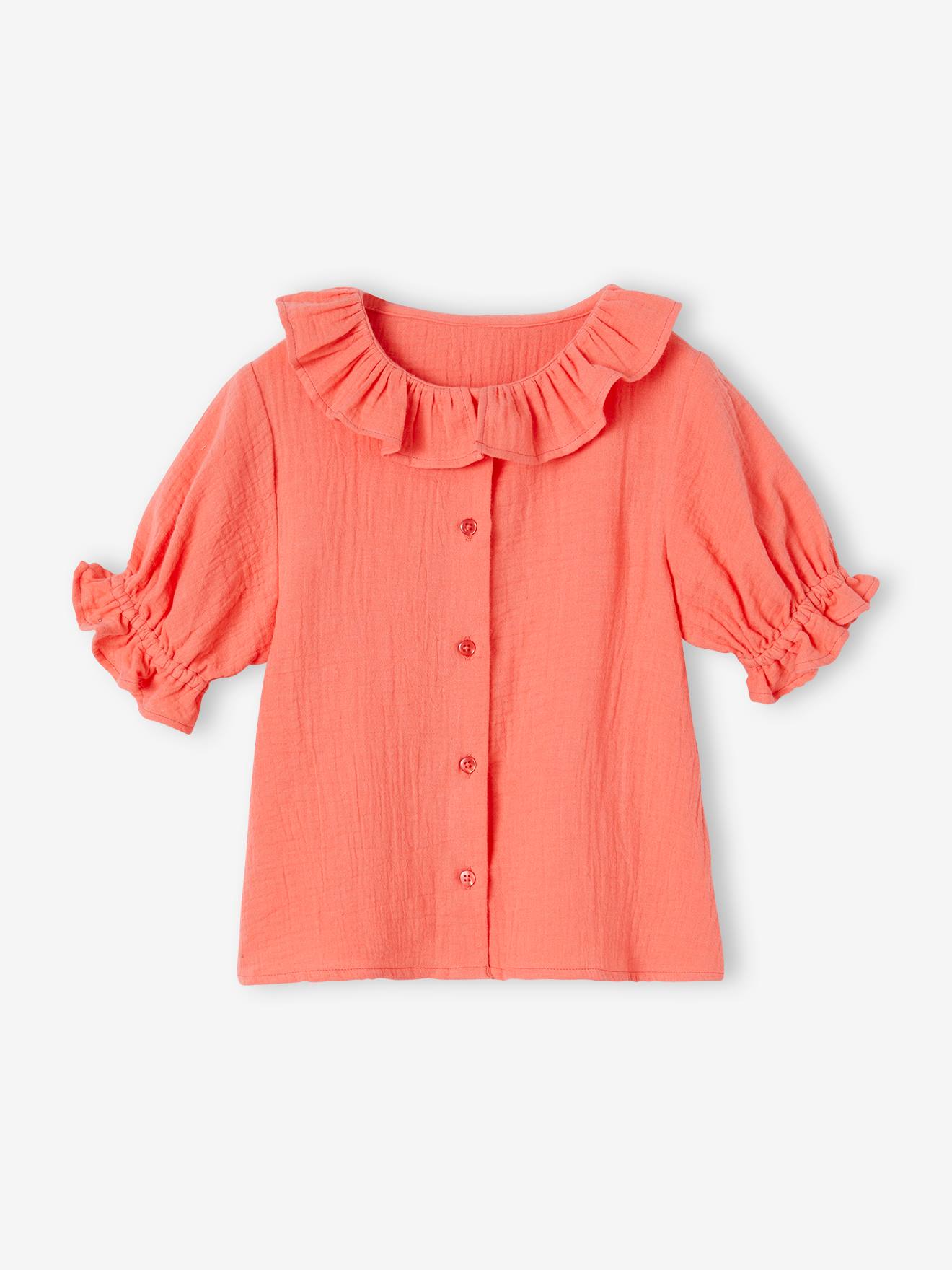 Blouse à collerette en gaze de coton fille corail