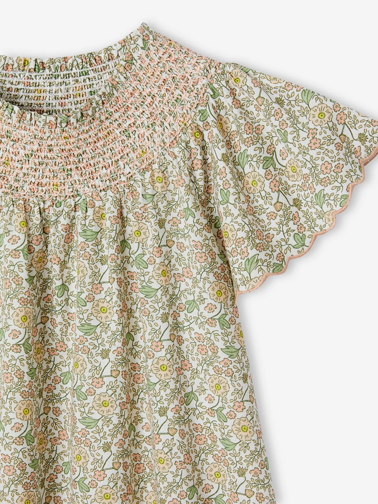 Robe Fille En Flanelle Imprimée Fleurs - Manches Longues, Col Rond Volanté, 100% Coton, Vertbaudet