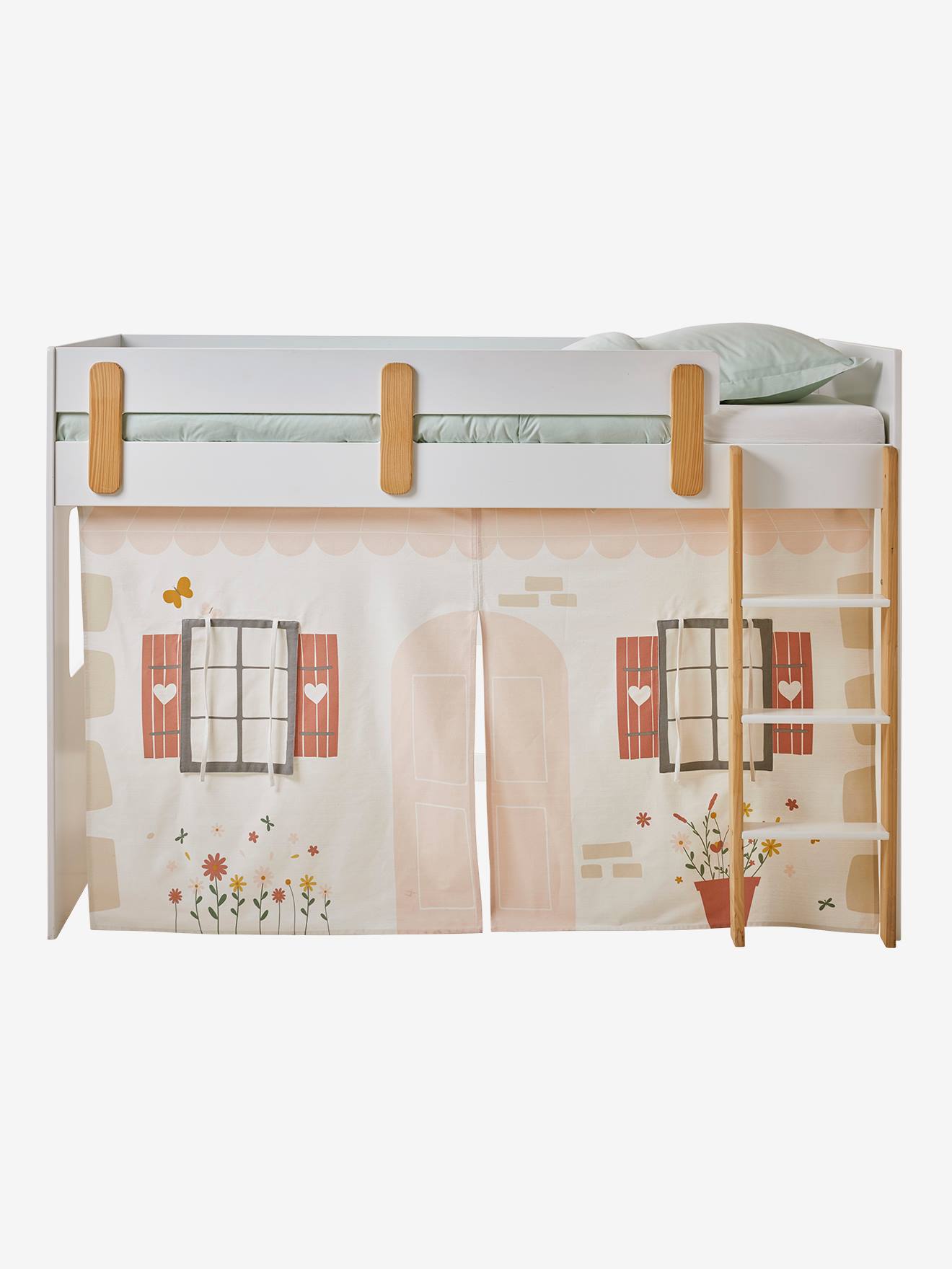 Tente de lit Cottage pour lit mezzanine mi hauteur ligne EVEREST blanc imprimé