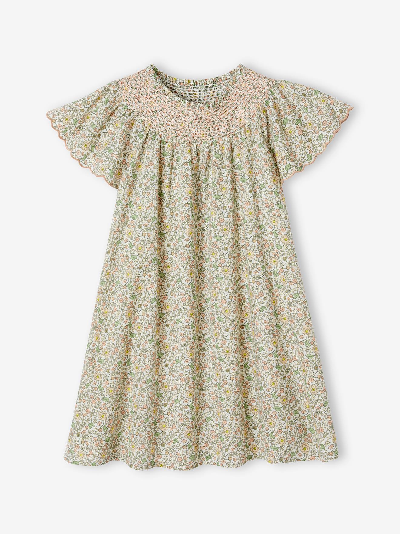 Vertbaudet - Robe fleurie à smocks cérémonie fille manches papillon vanille