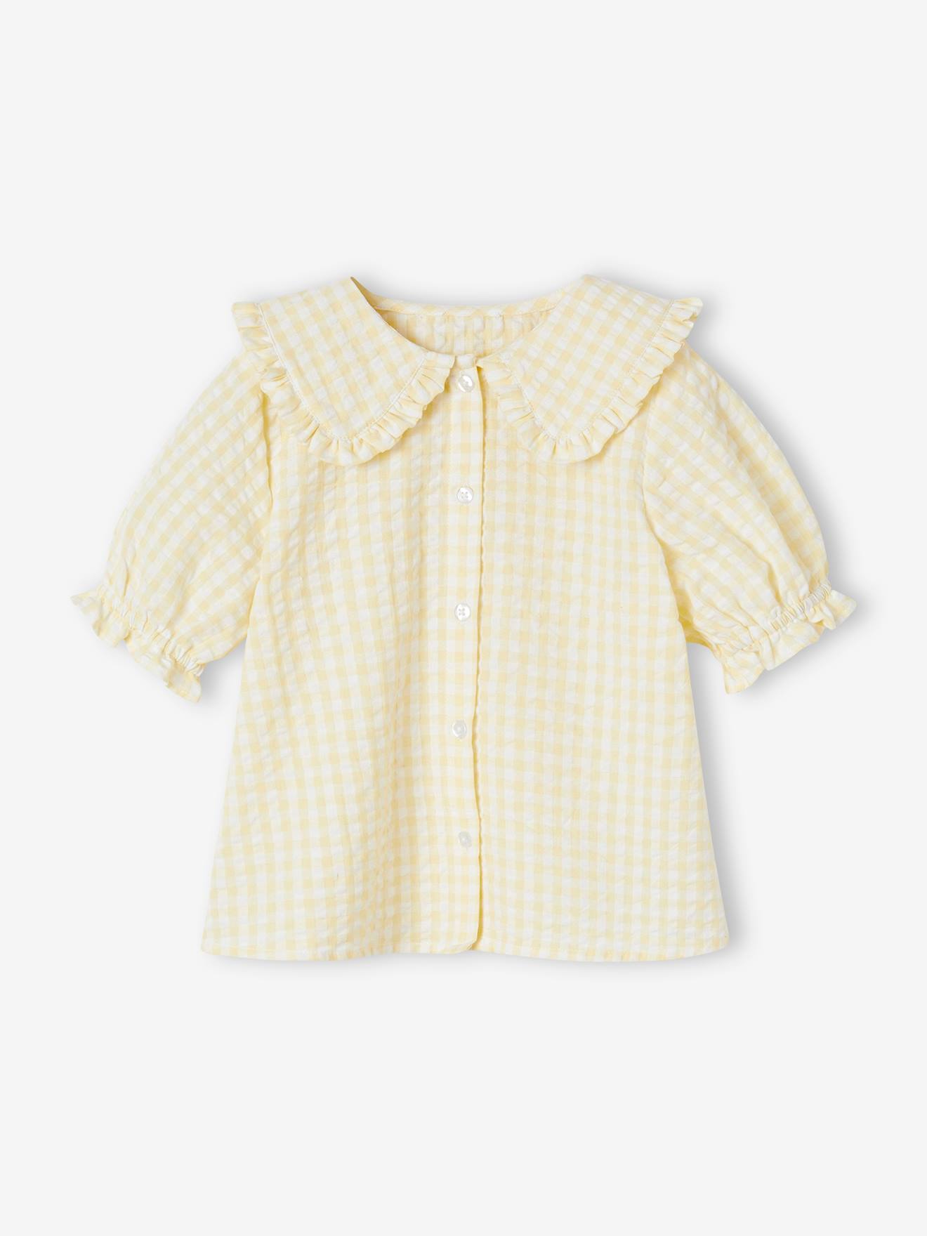 Blouse vichy grand col volanté fille jaune pâle