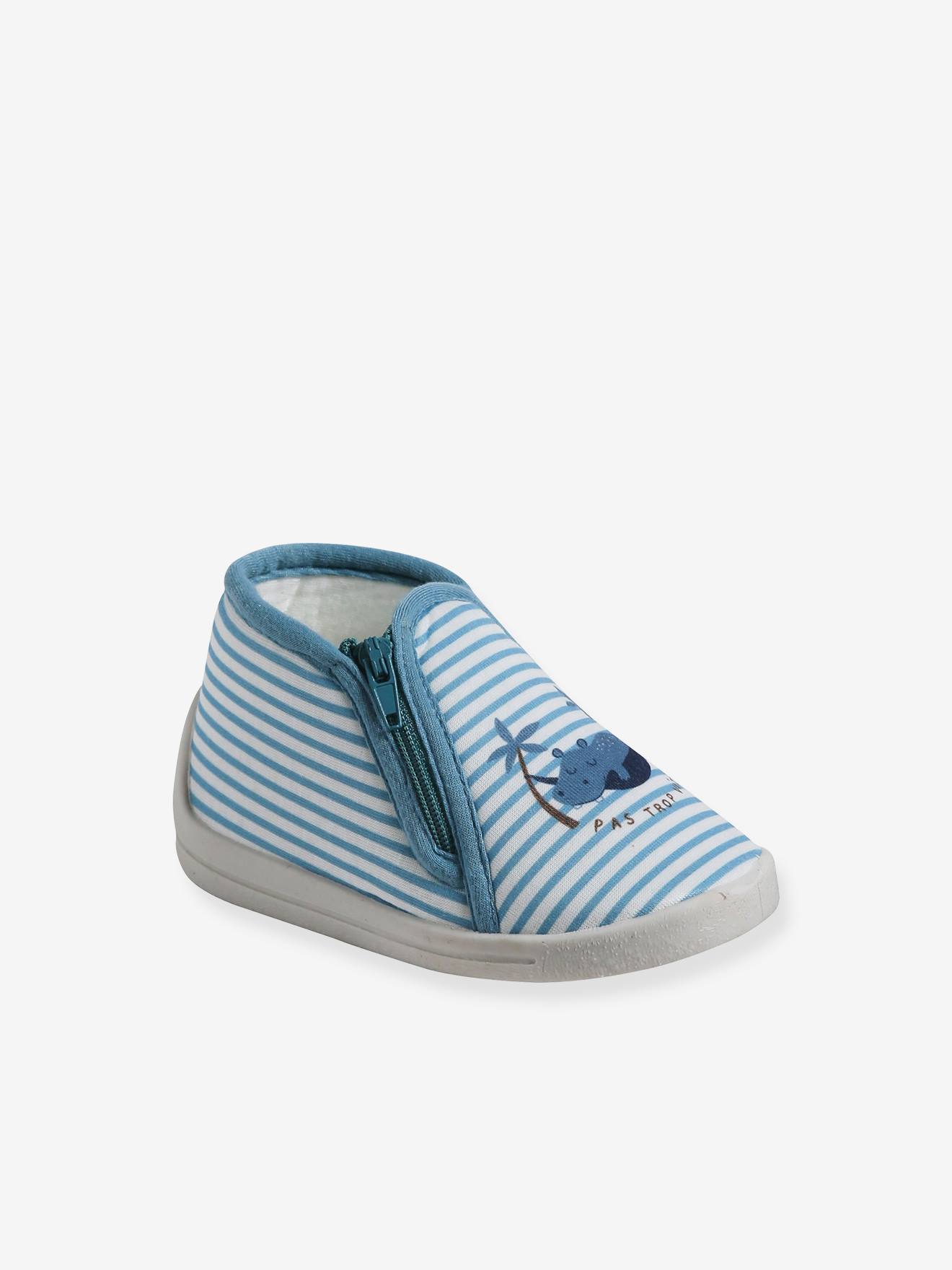 Chaussons zippés bébé en toile rayé bleu